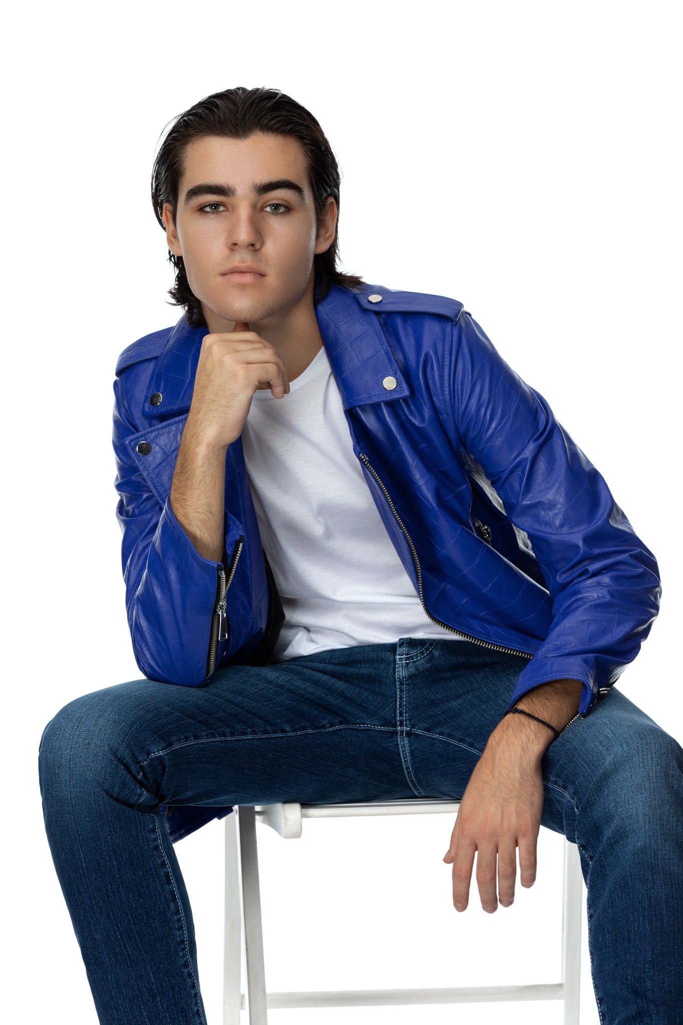 Jacheta biker din piele albastra