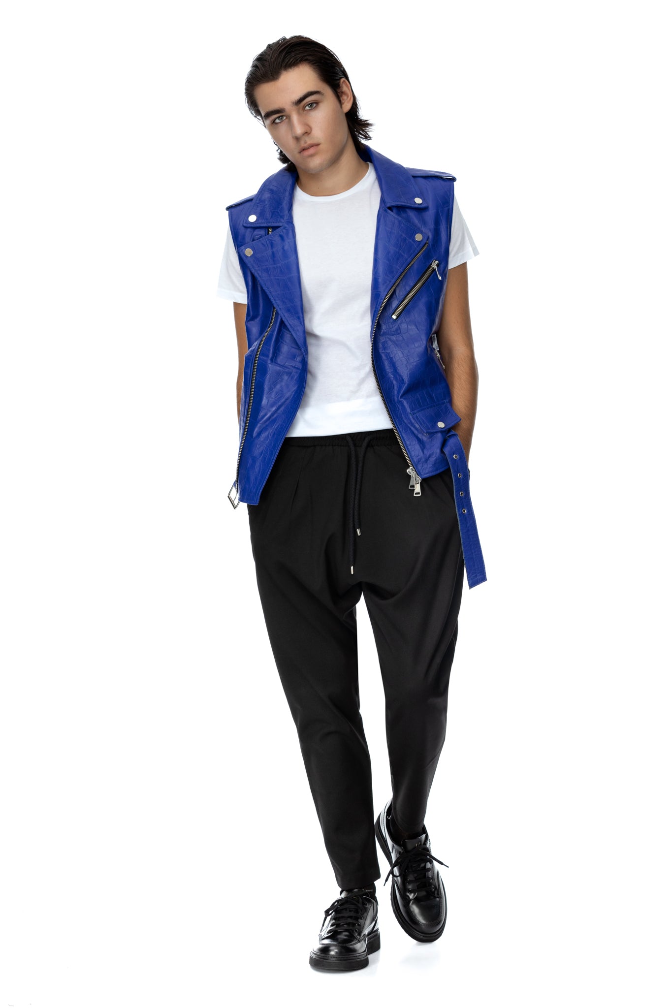 Blue leather biker vest
