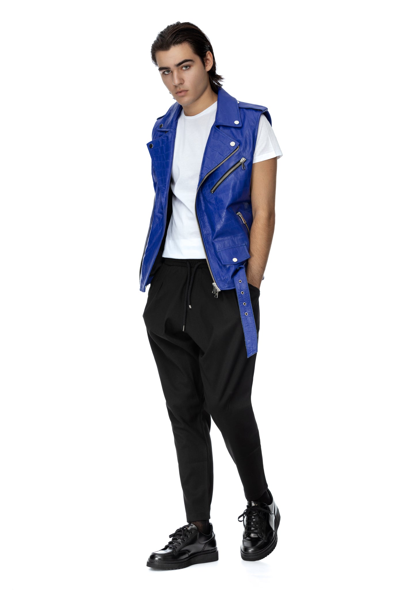 Blue leather biker vest