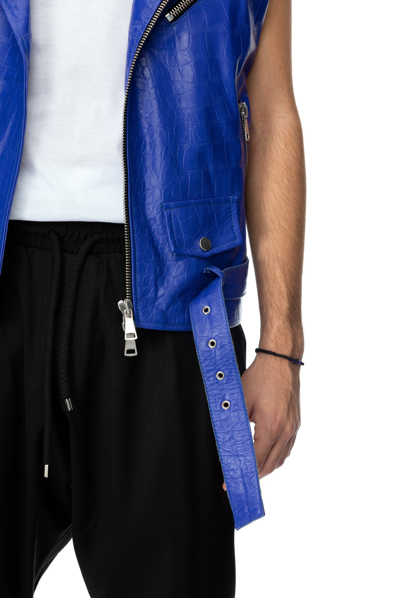 Blue leather biker vest