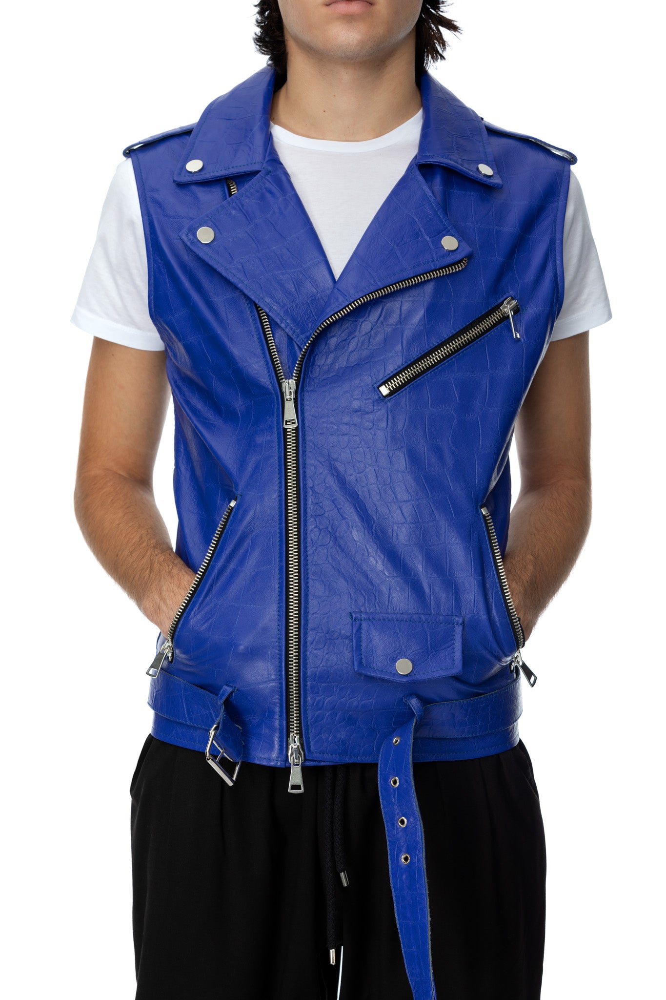 Blue leather biker vest