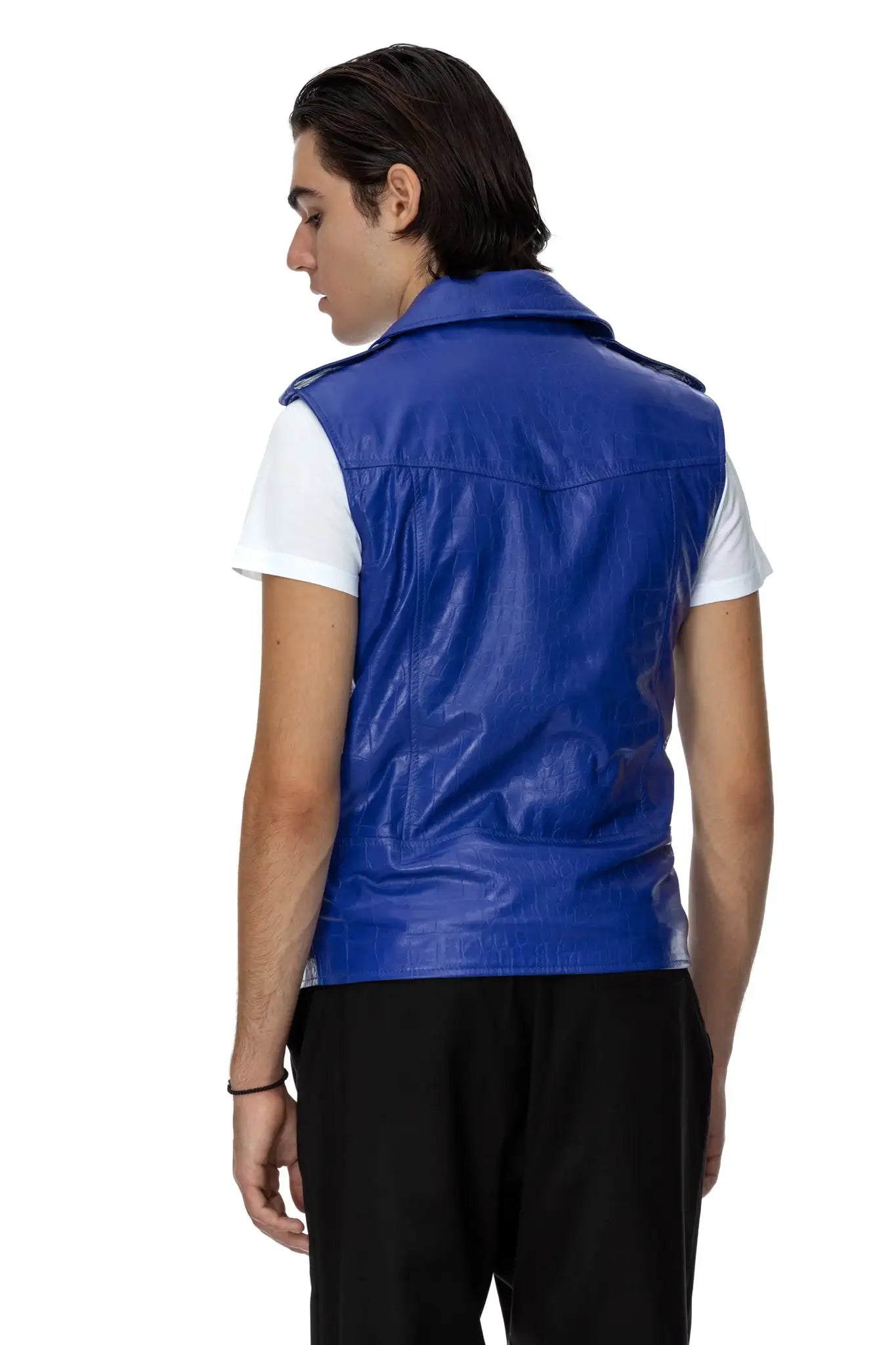 Blue leather biker vest