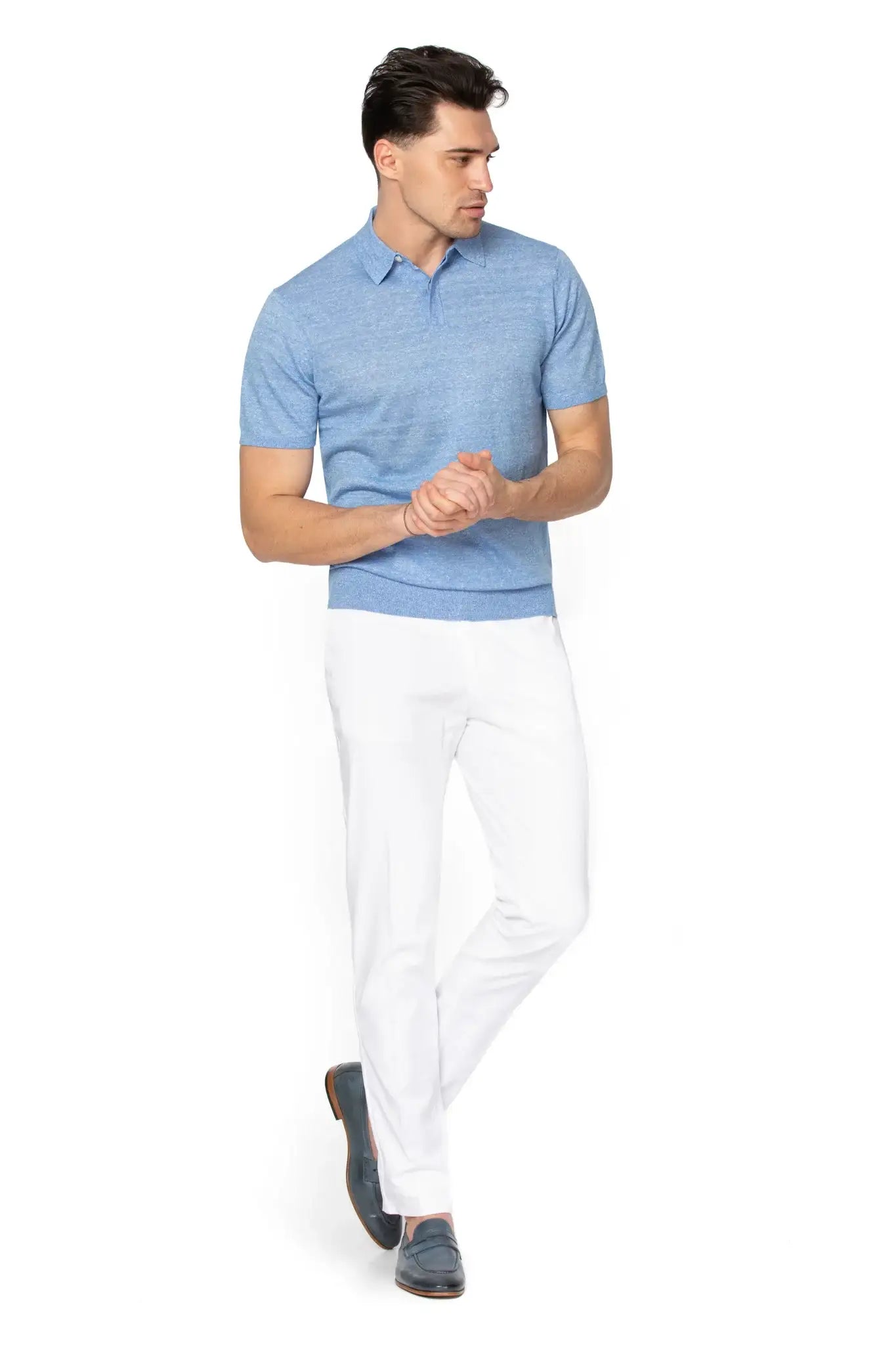 Tricou polo bleu din lana merino si in