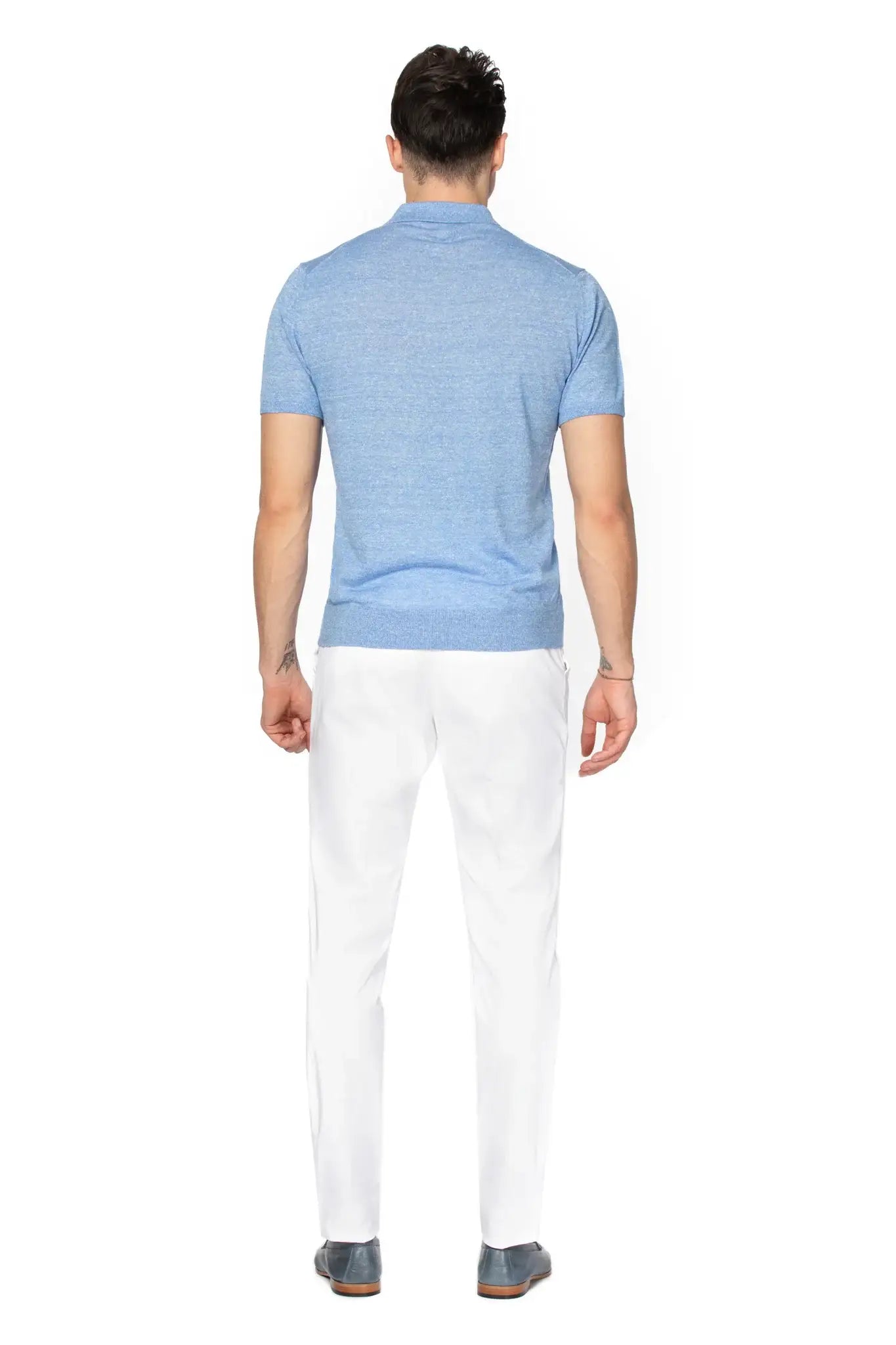 Tricou polo bleu din lana merino si in