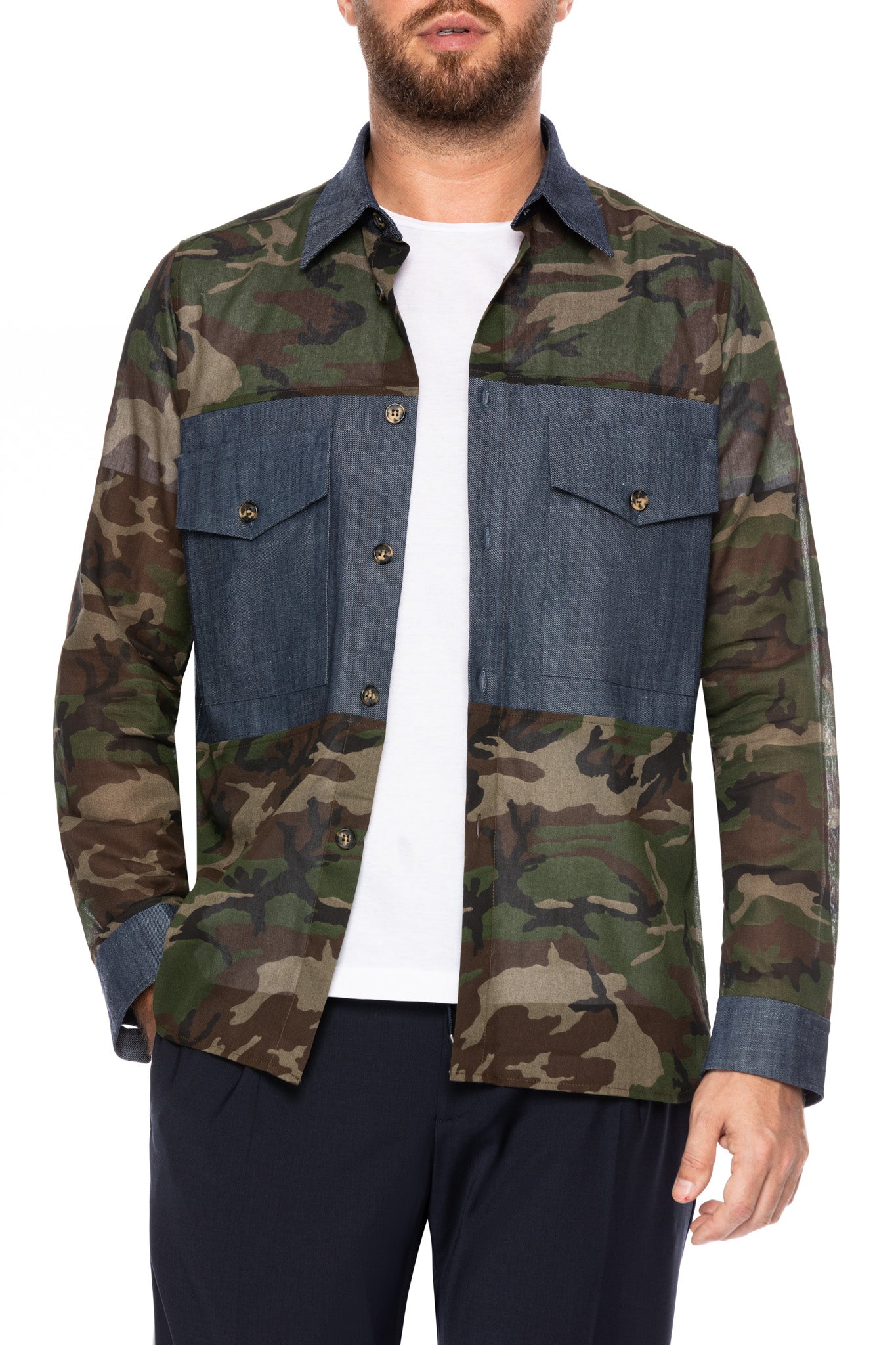 Army shirt with denim inserts
