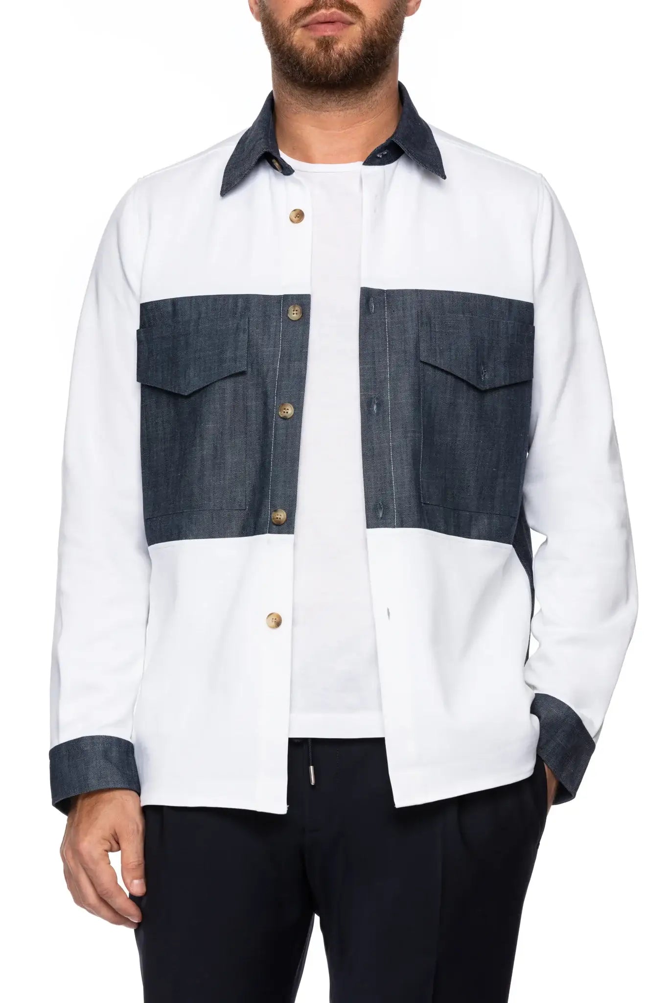 White shirt with denim inserts