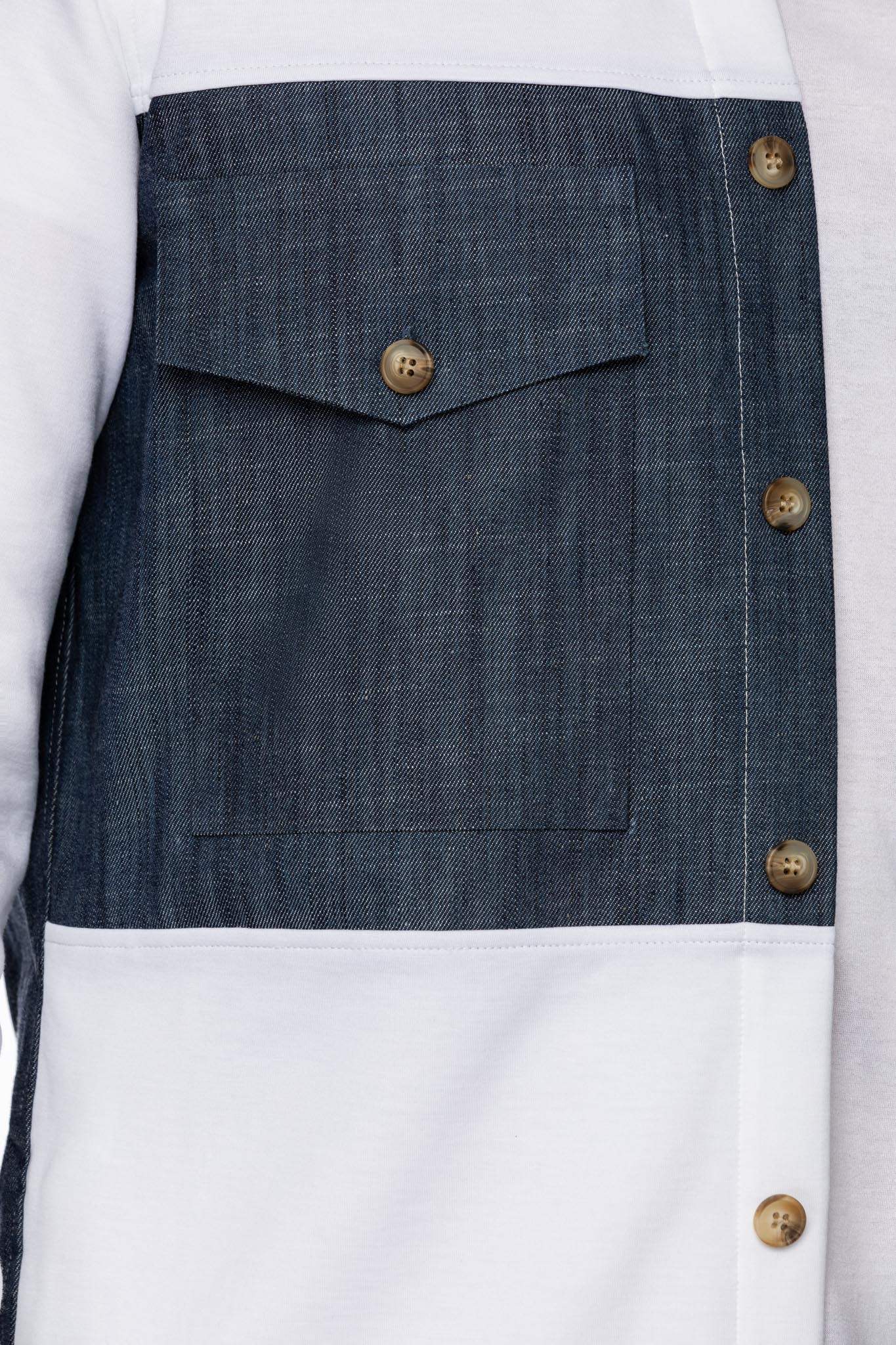 White shirt with denim inserts