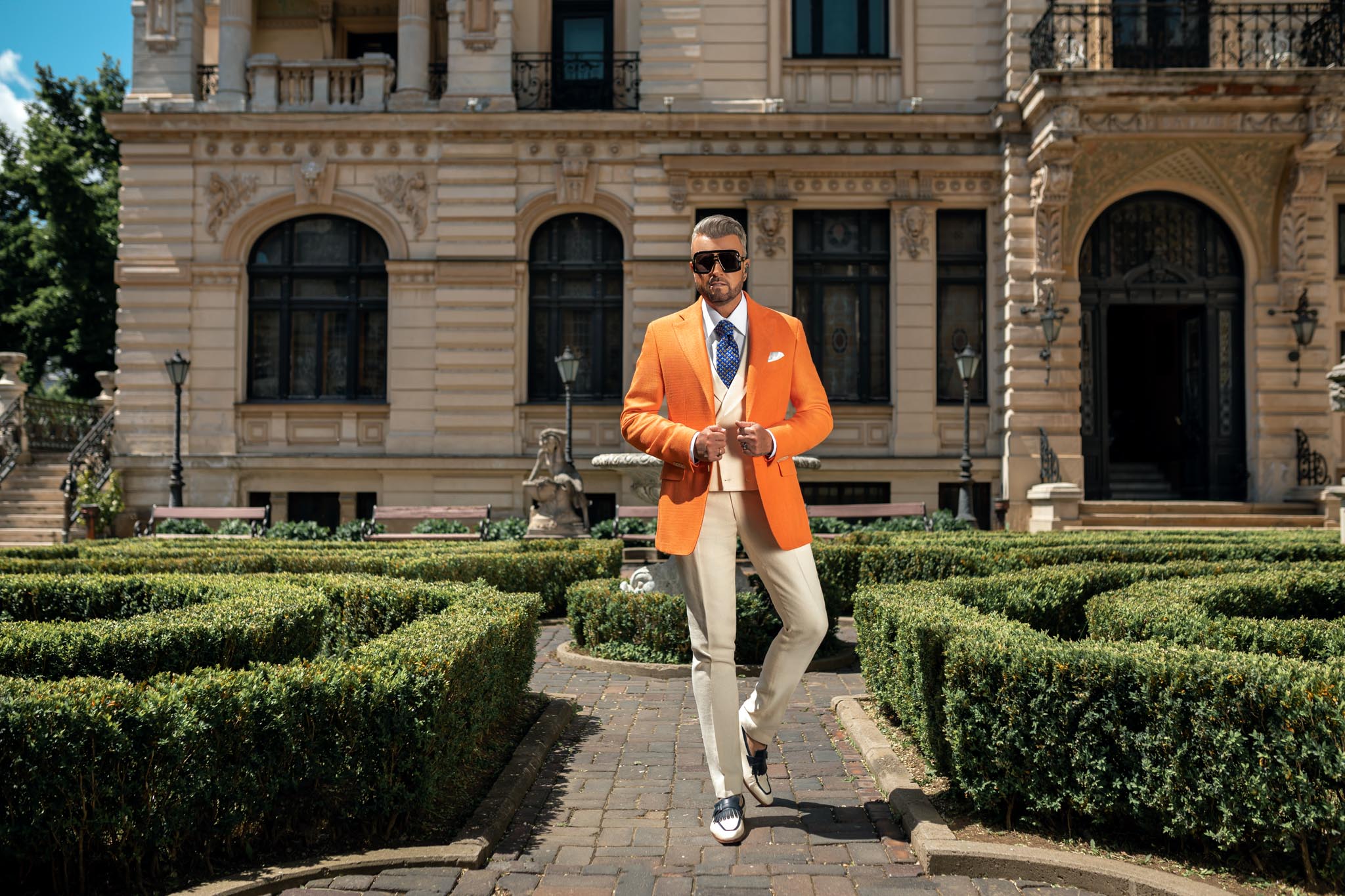 Orange jacket made of natural silk, slim fit
