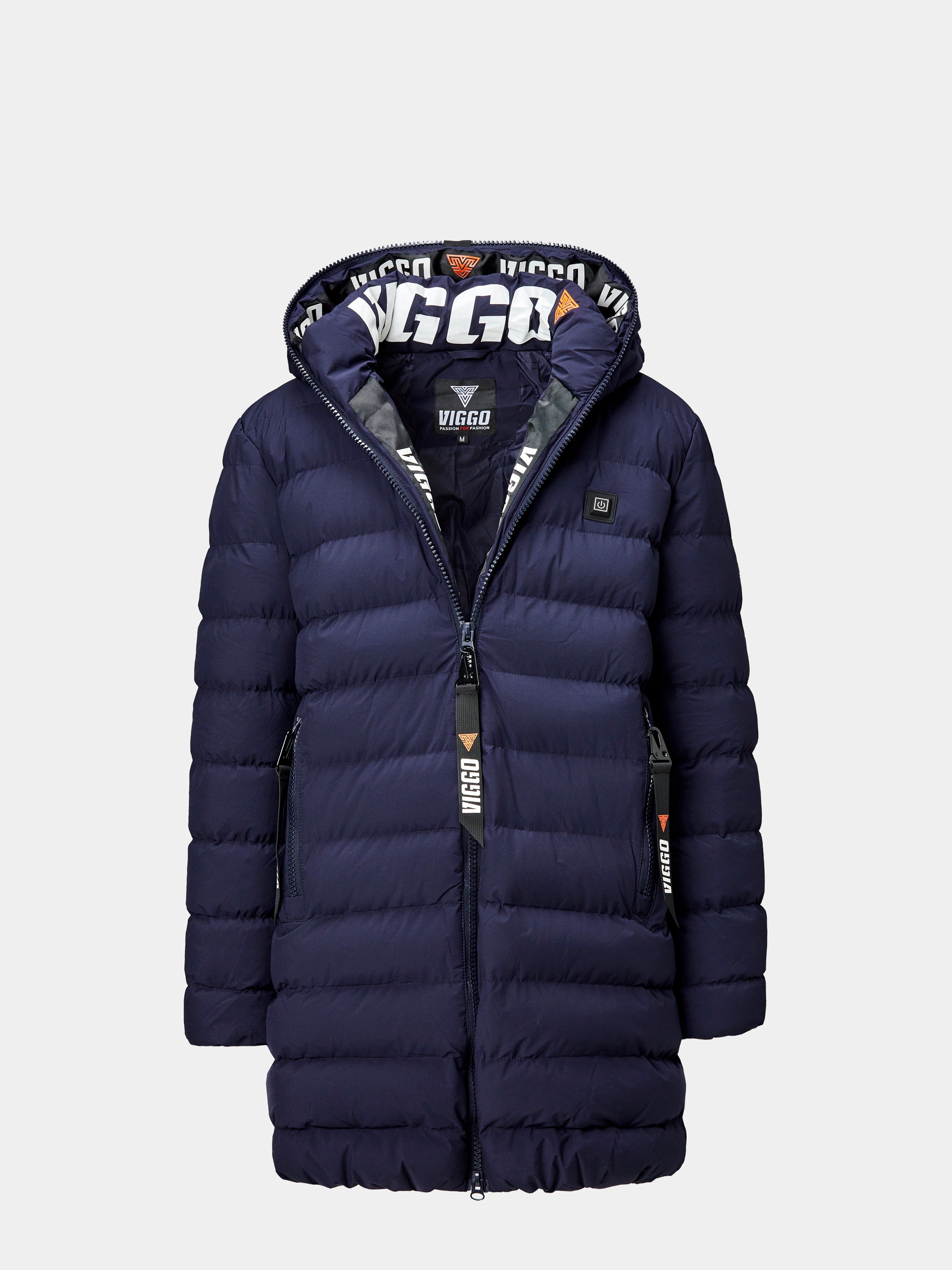 Long navy jacket with heating and removable accessories