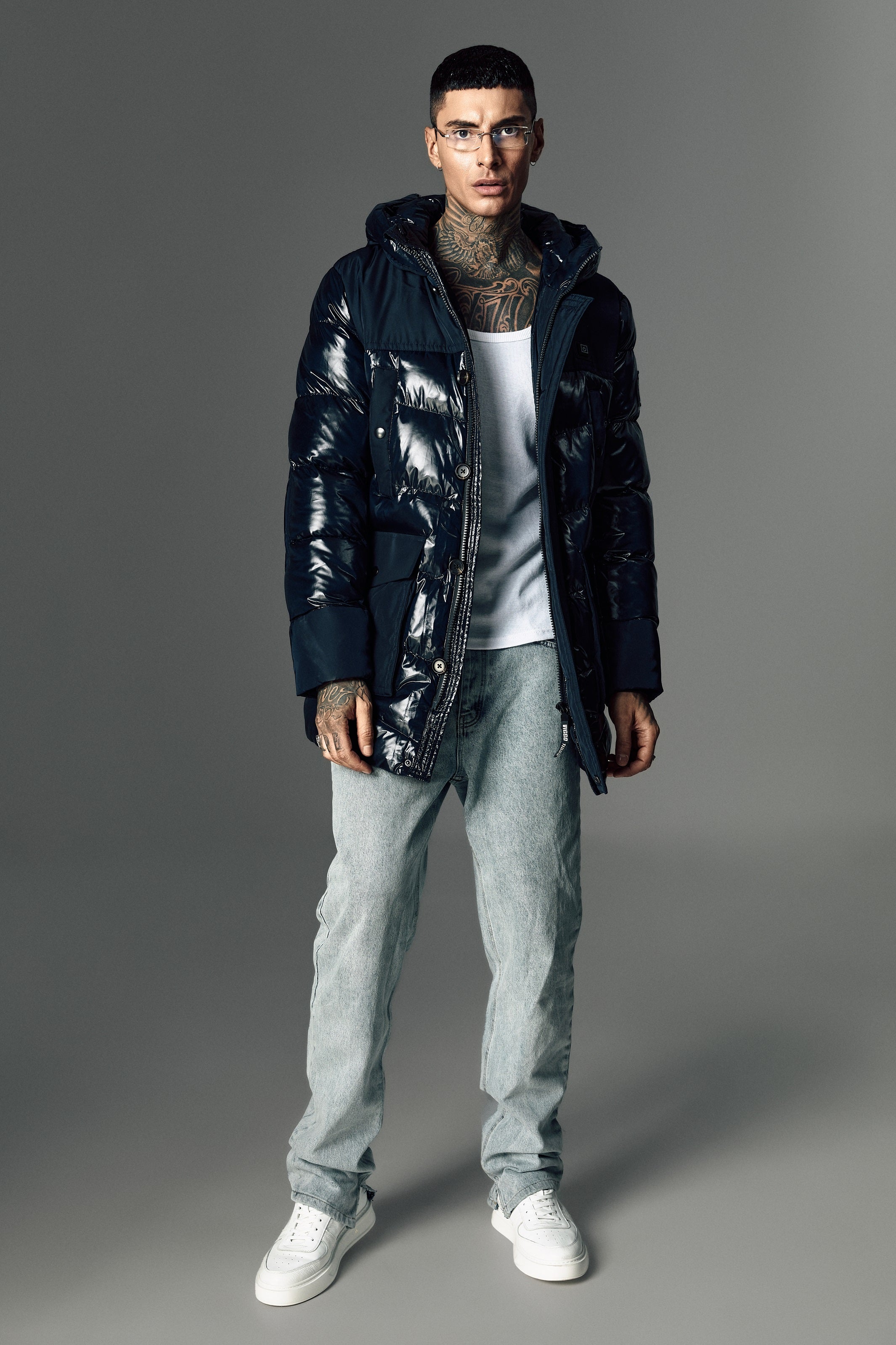 Long navy jacket, with heating