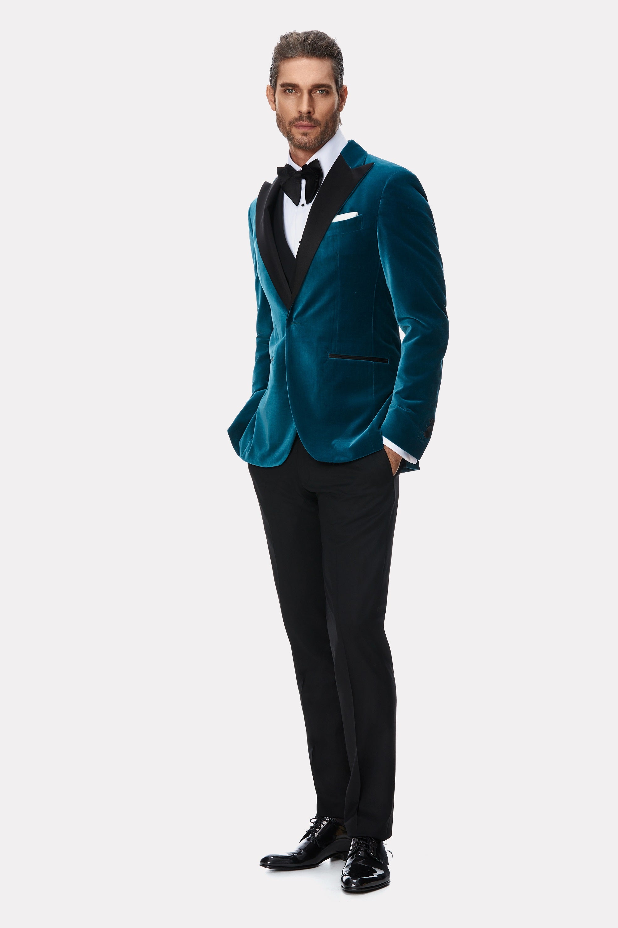 Sacou smoking turquoise din catifea