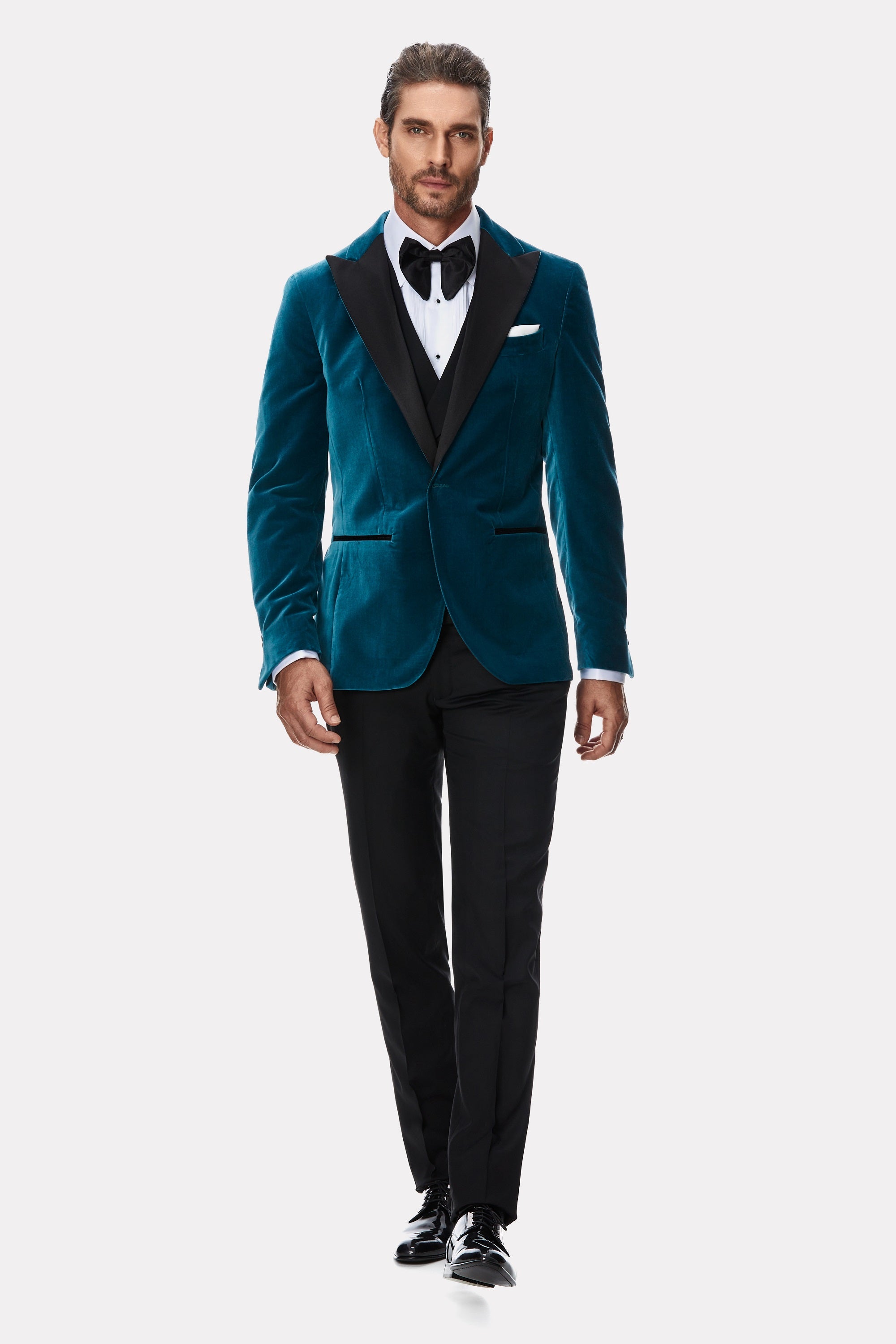 Sacou smoking turquoise din catifea