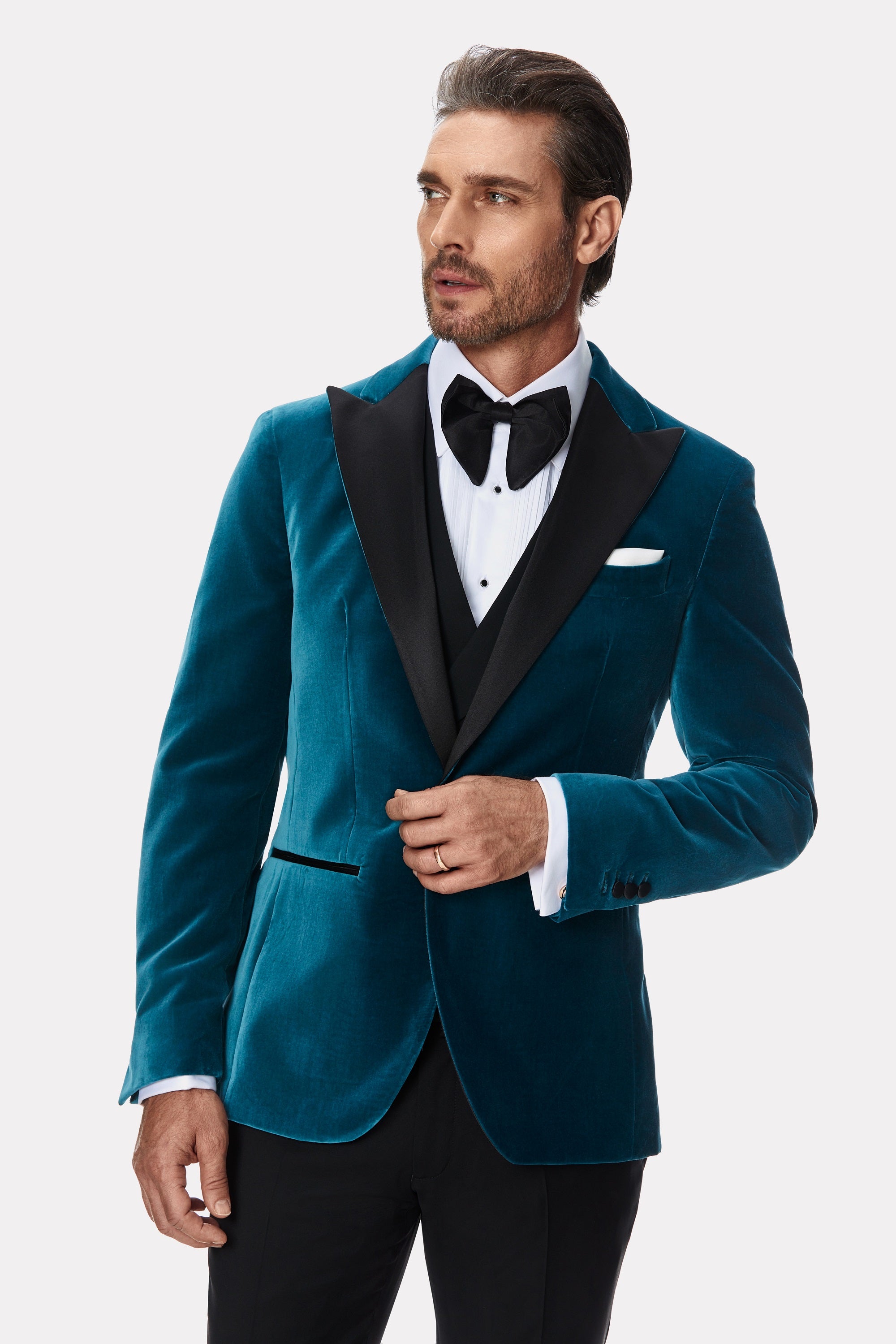 Sacou smoking turquoise din catifea