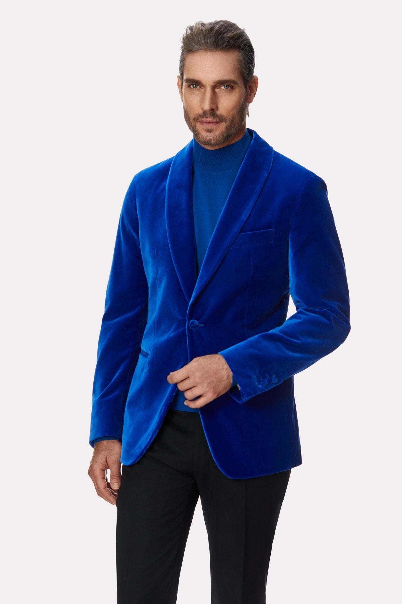 Royal blue velvet tuxedo jacket Viggo Tailoring