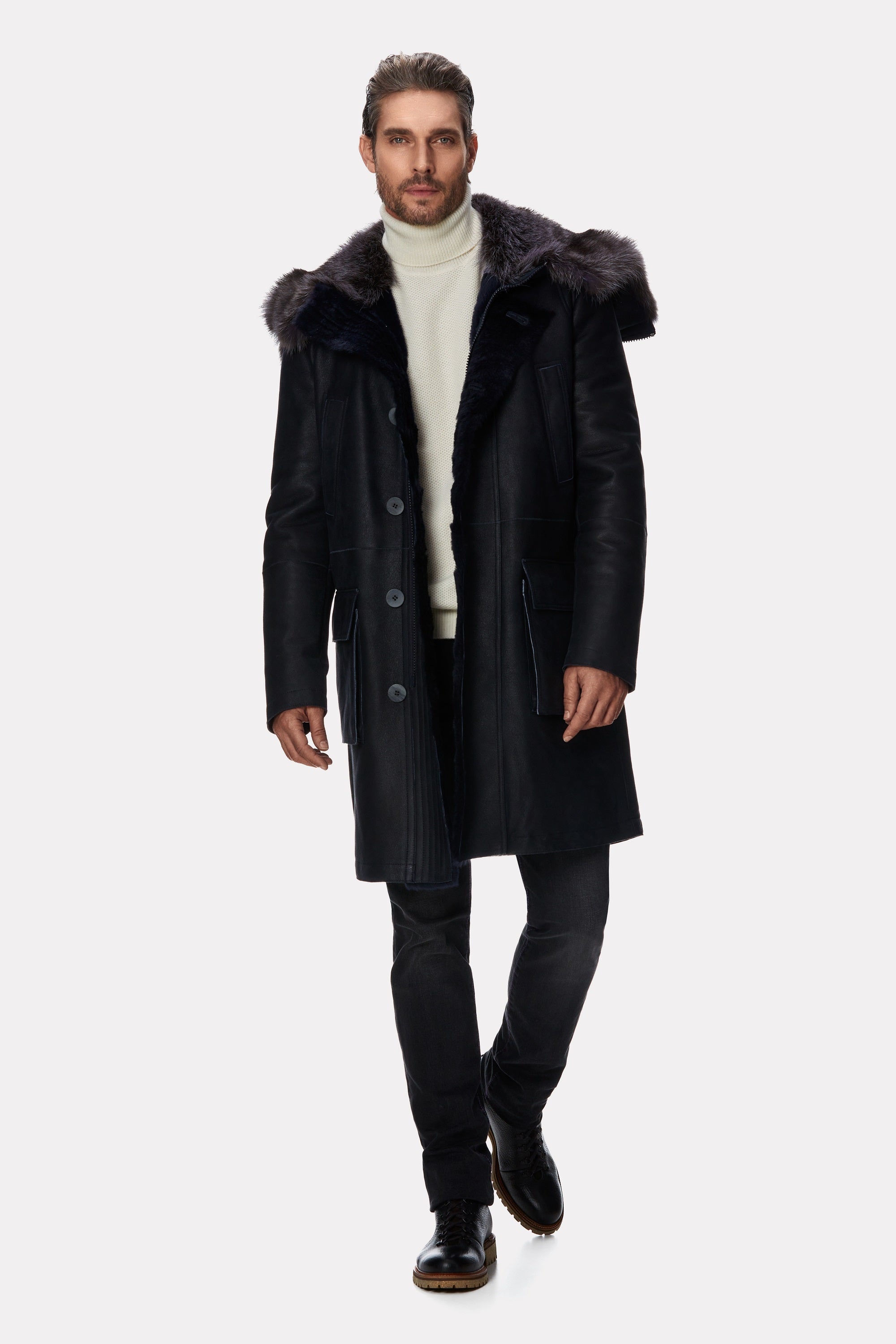 Navy leather coat with marmot fur