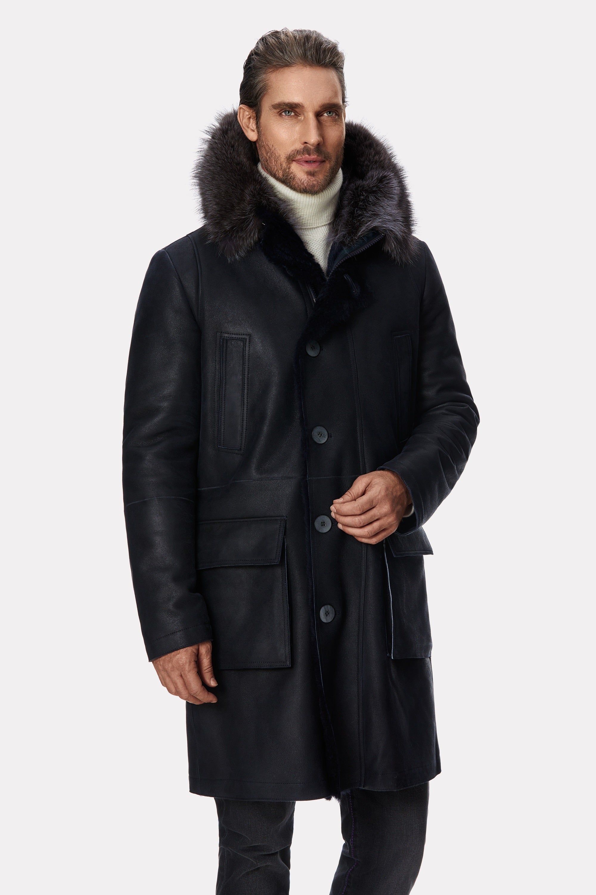 Navy leather coat with marmot fur