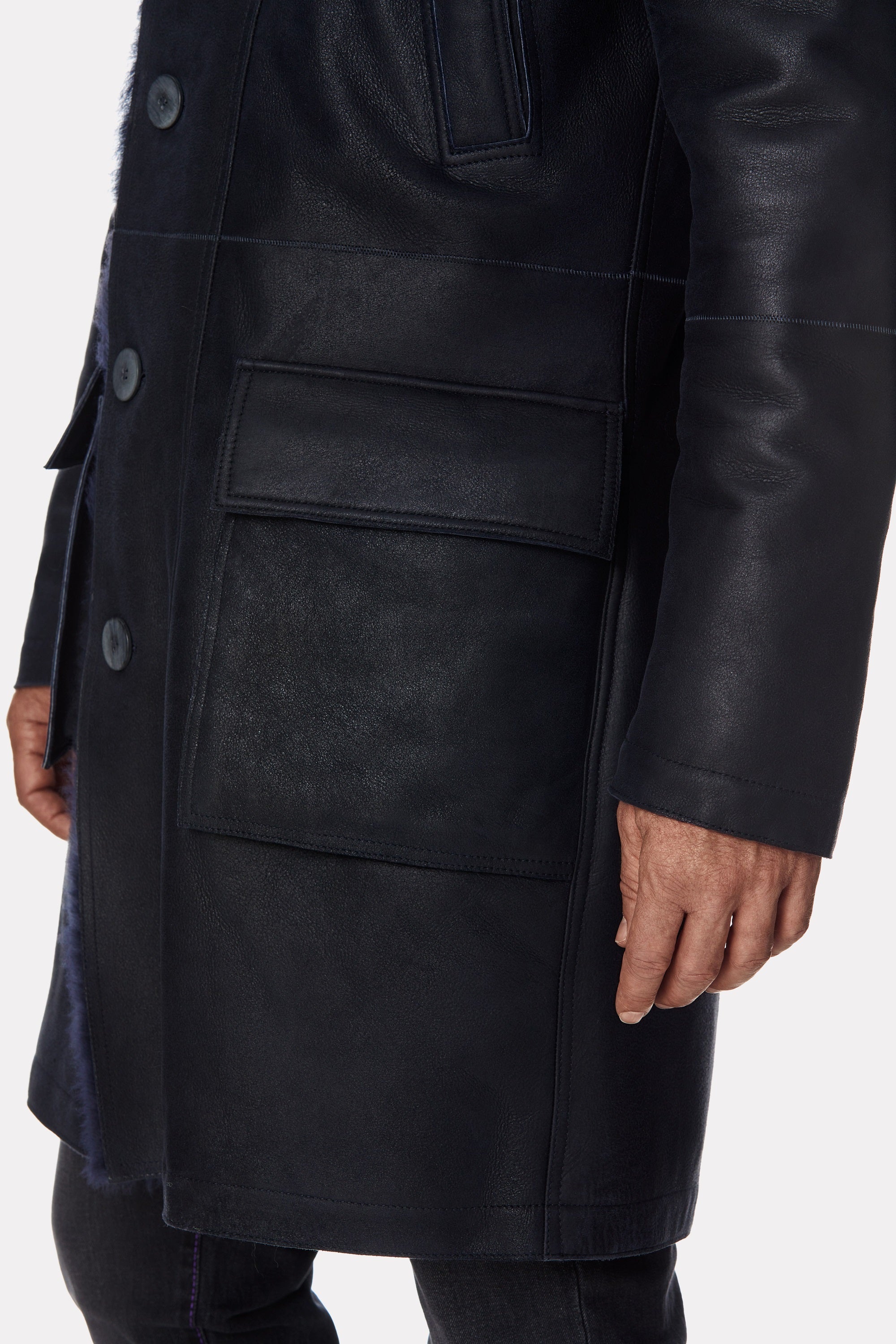 Navy leather coat with marmot fur