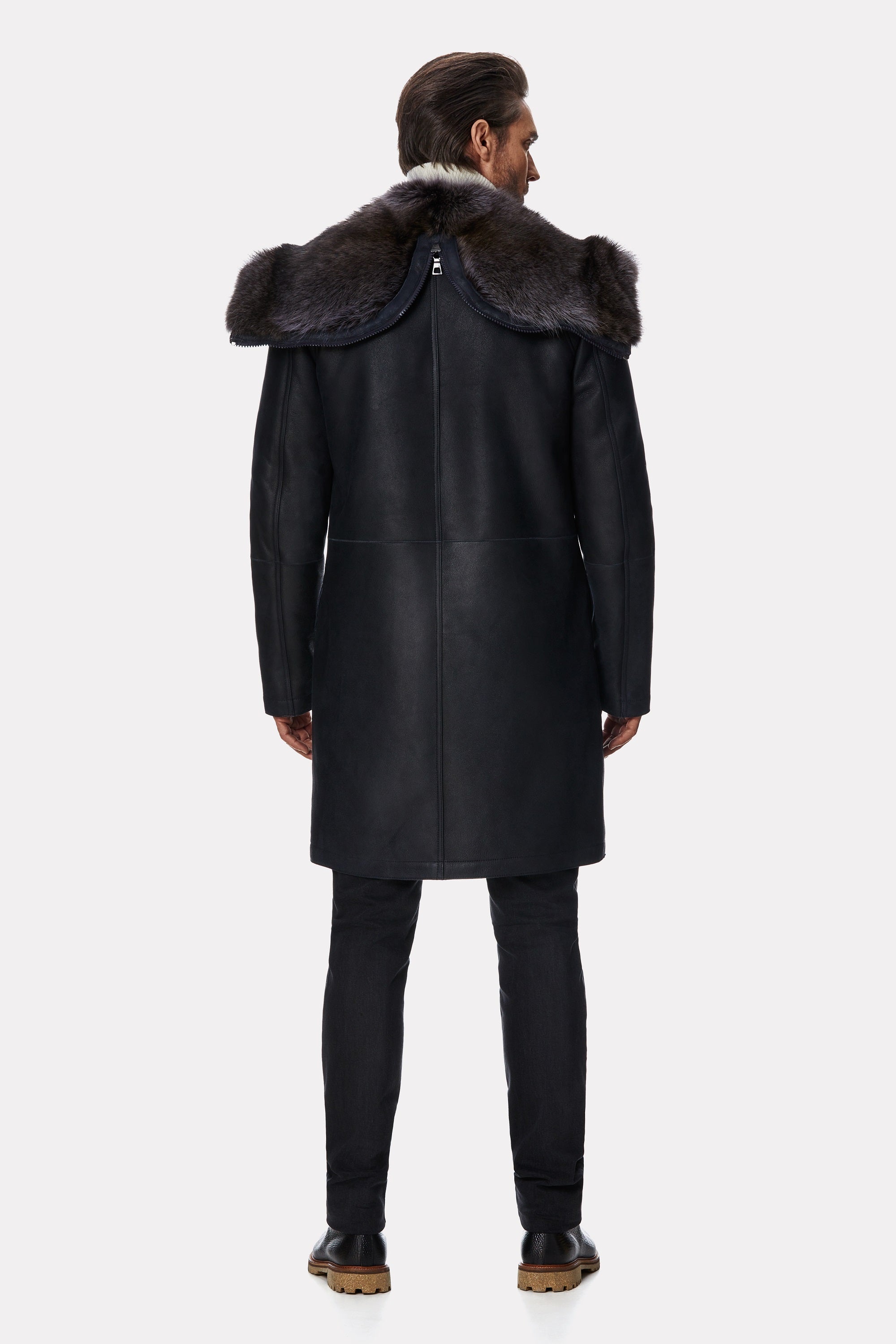 Navy leather coat with marmot fur