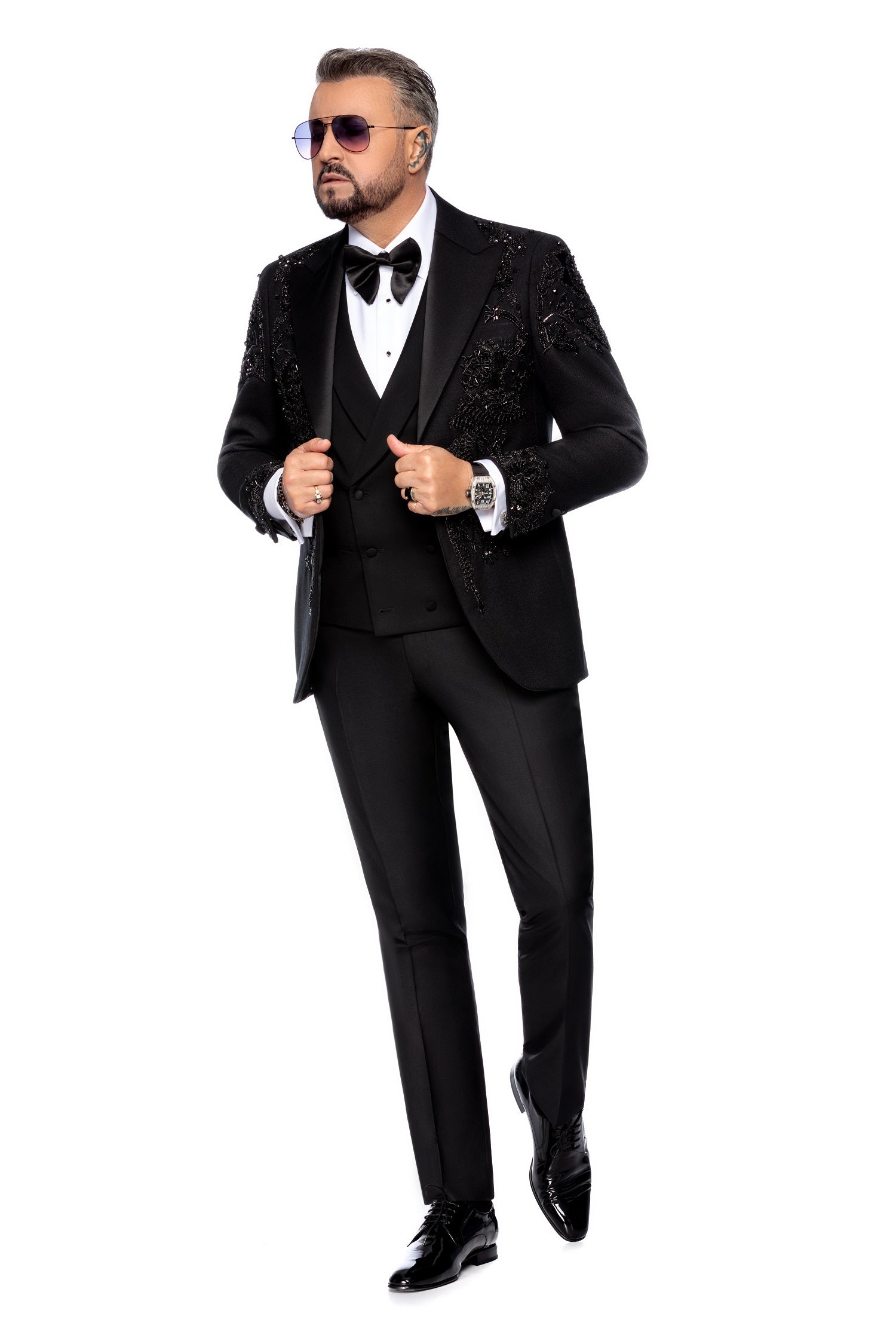 Wool tuxedo jacket with hand-applied embroidery