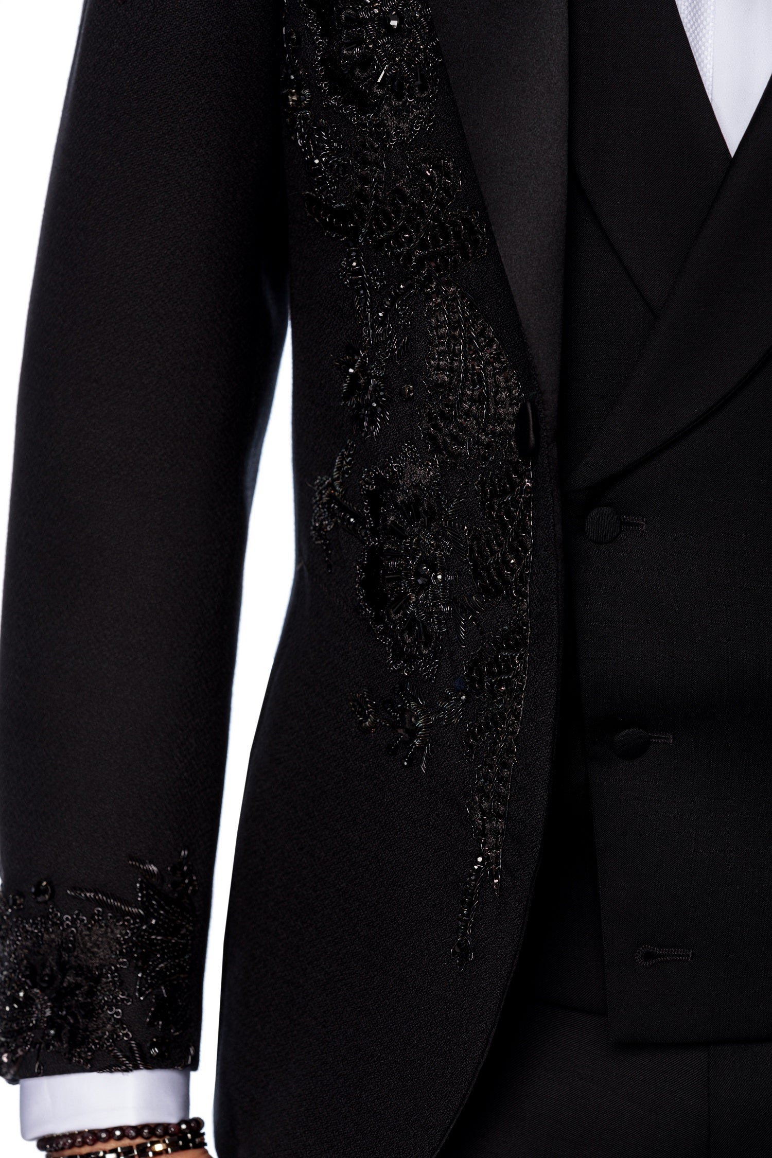 Wool tuxedo jacket with hand-applied embroidery