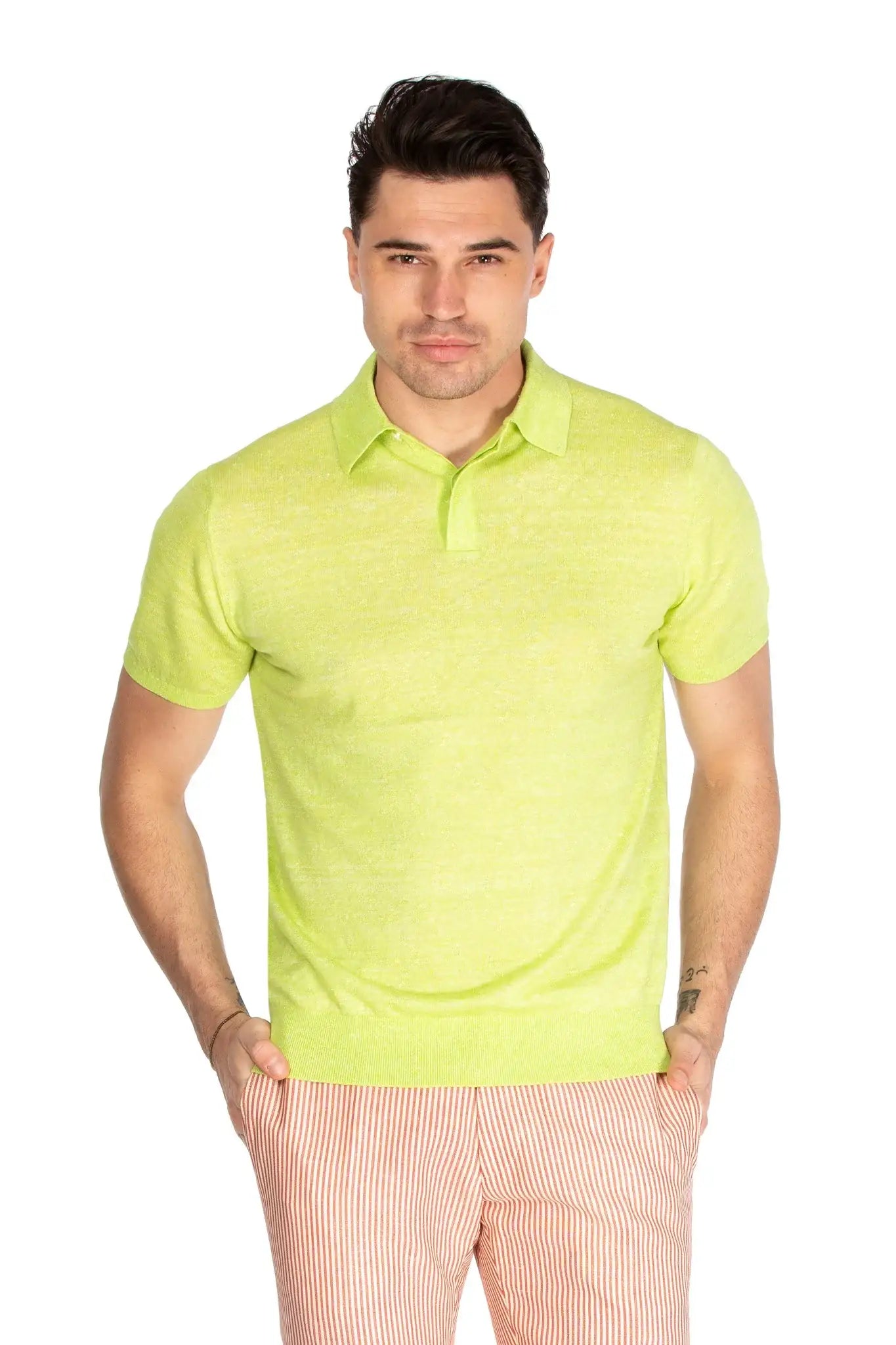 Green polo shirt in merino wool and linen