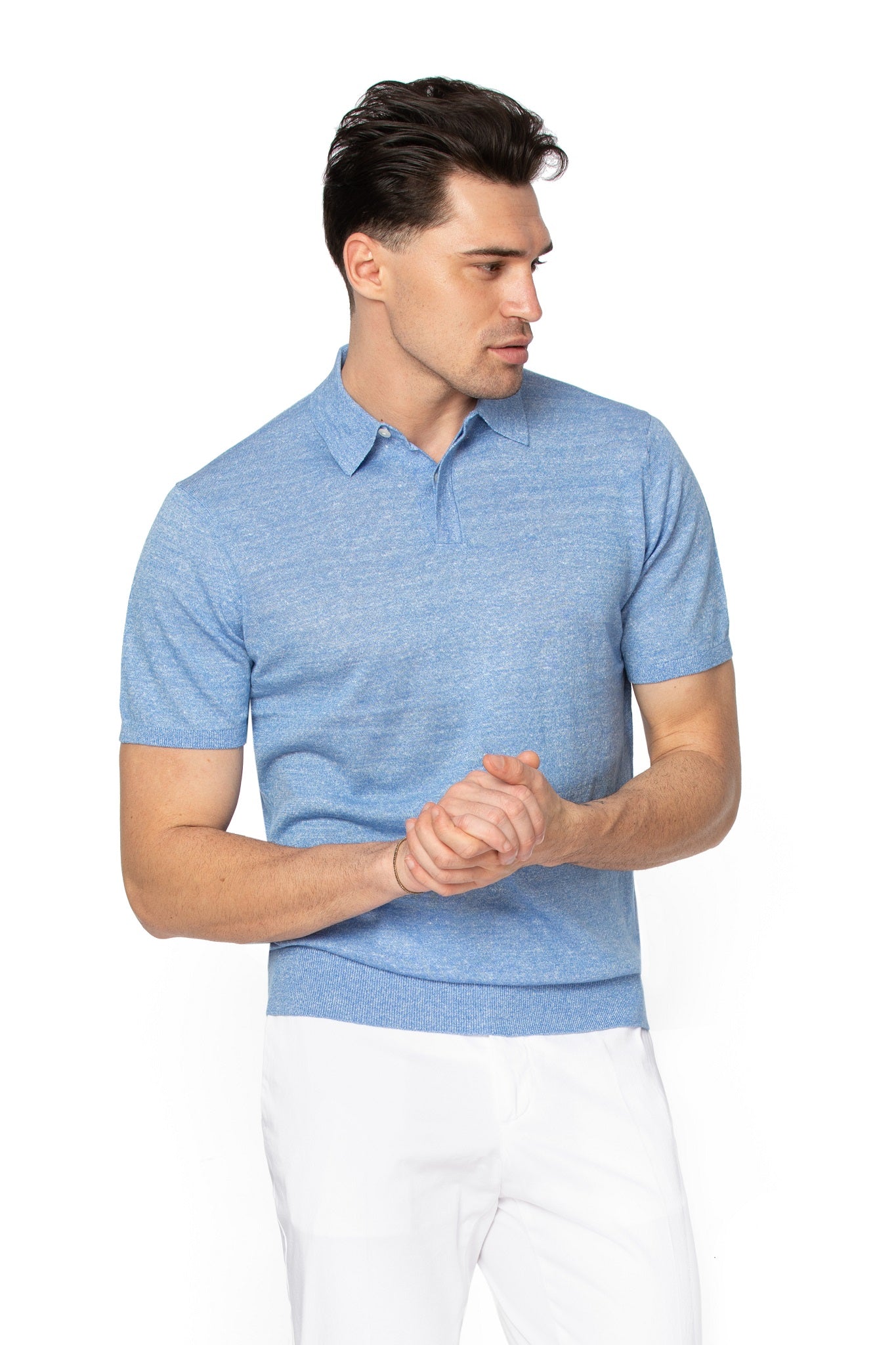 Tricou polo bleu din lana merino si in