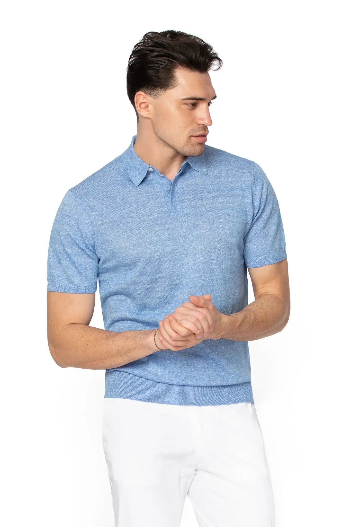 Tricou polo bleu din lana merino si in