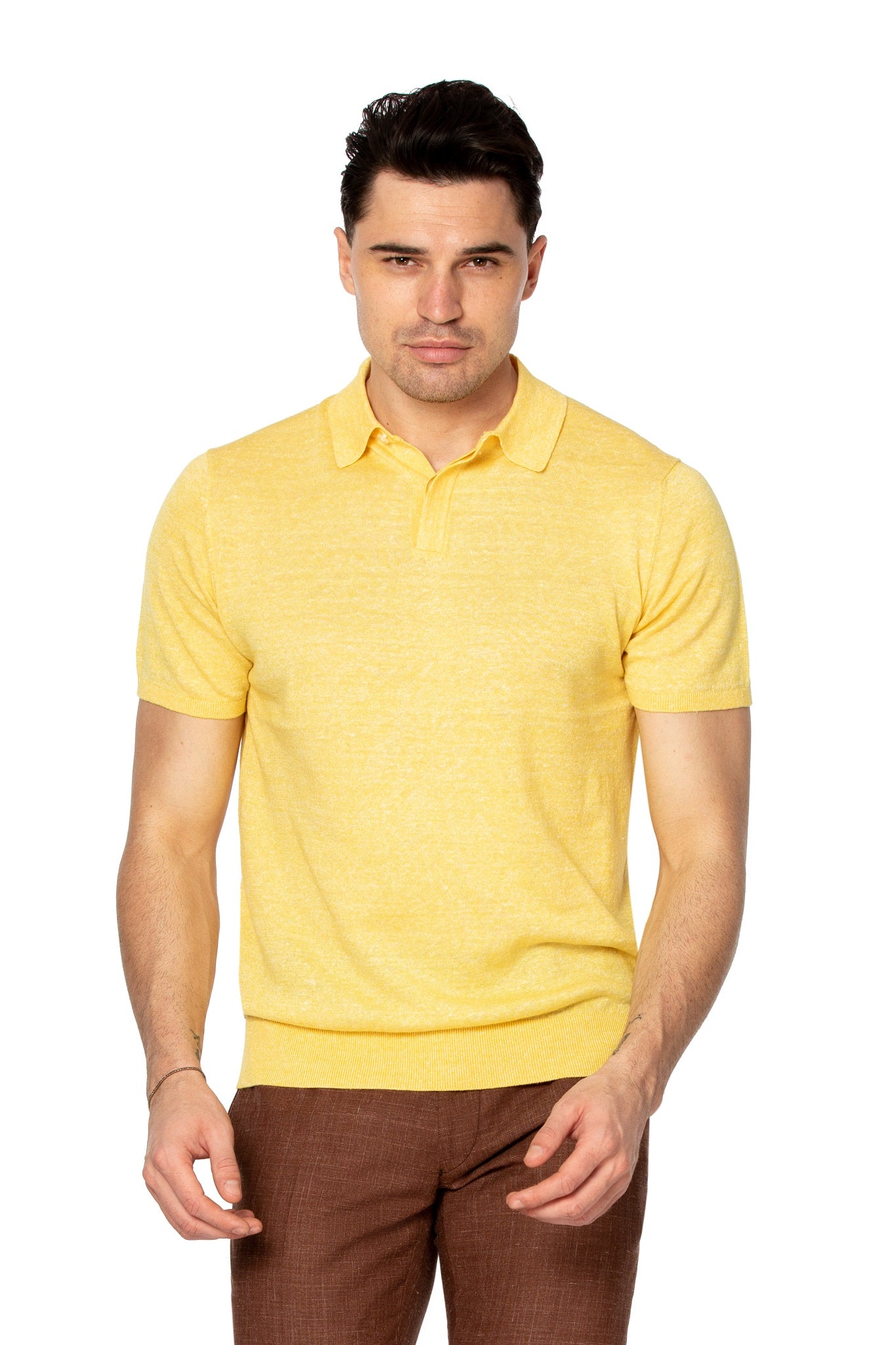 Tricou polo galben din lana merino si in