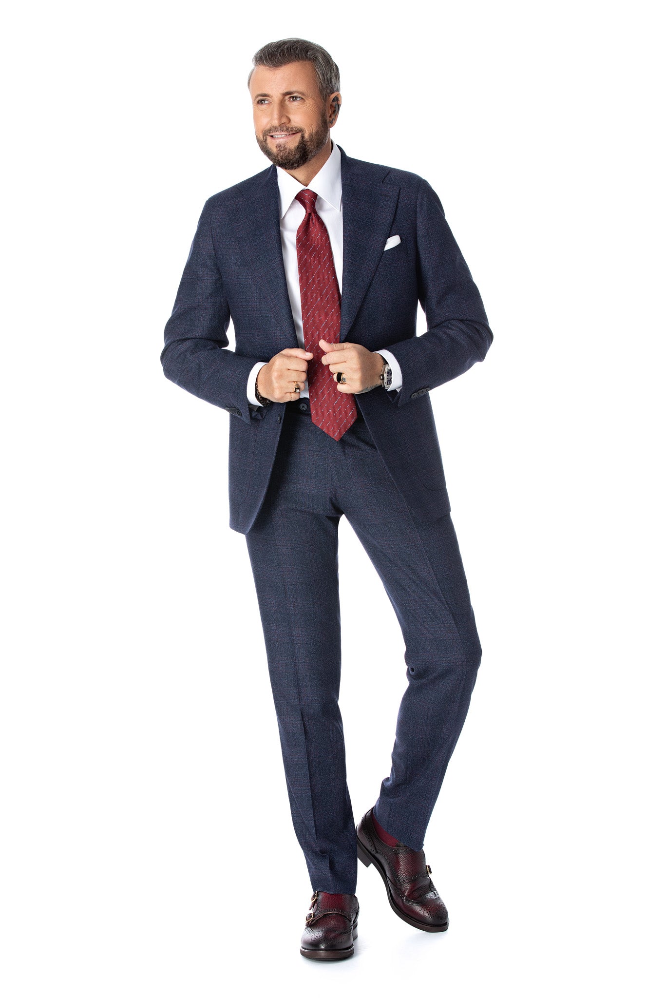 Two-piece suit in Prince of Wales checked navy, tailored fit