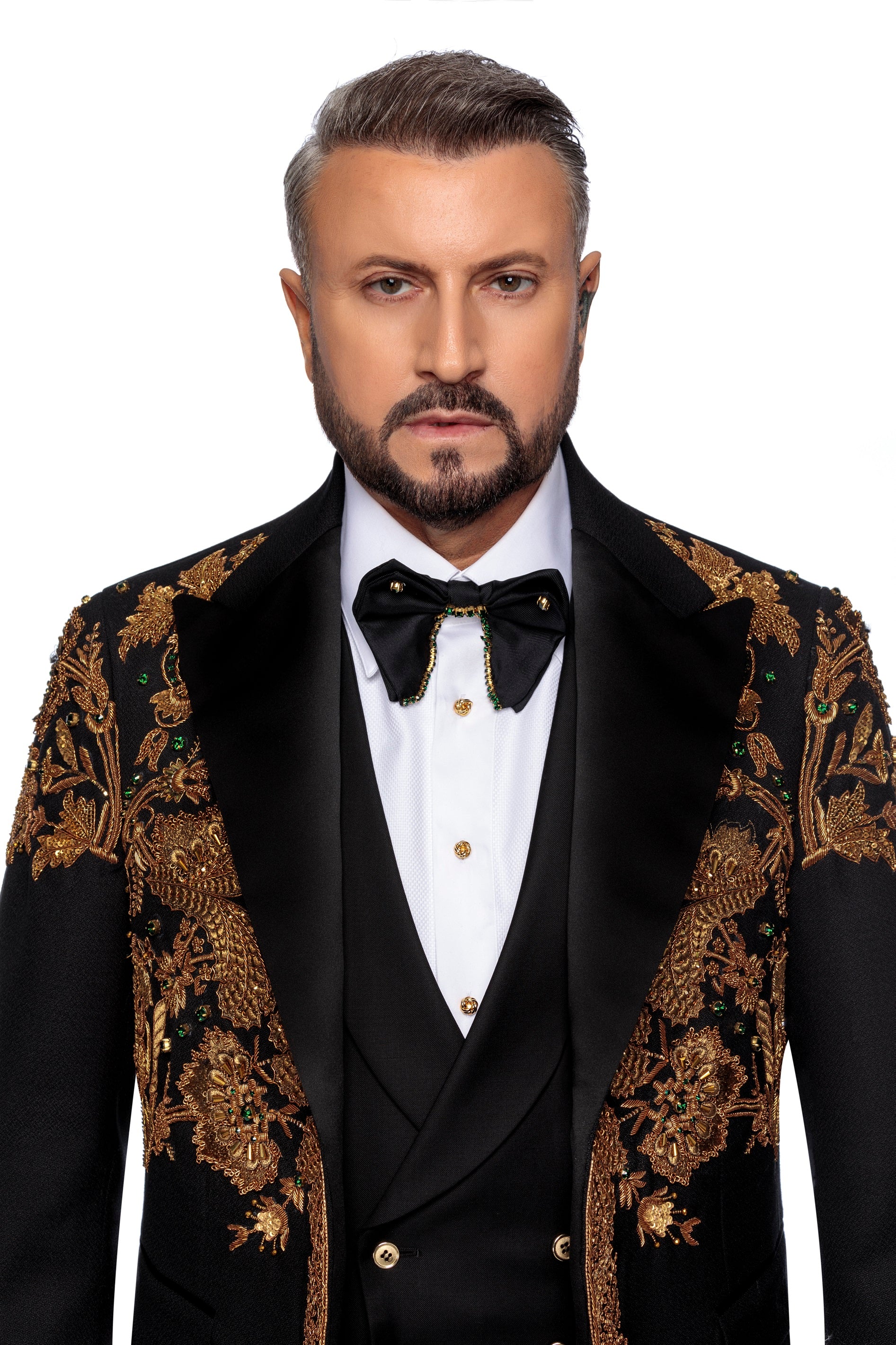 Wool tuxedo jacket with bronze manual embroidery