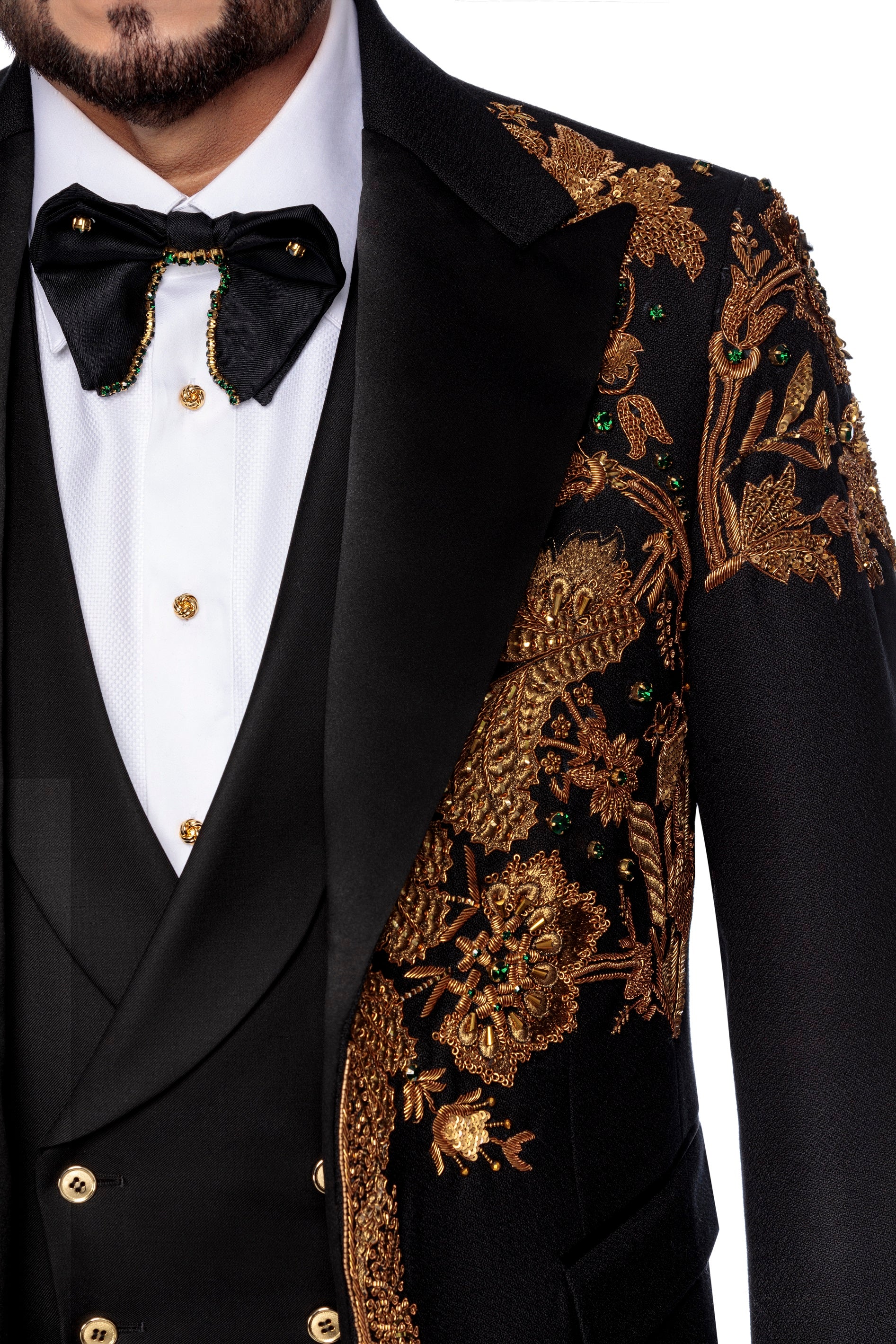Wool tuxedo jacket with bronze manual embroidery