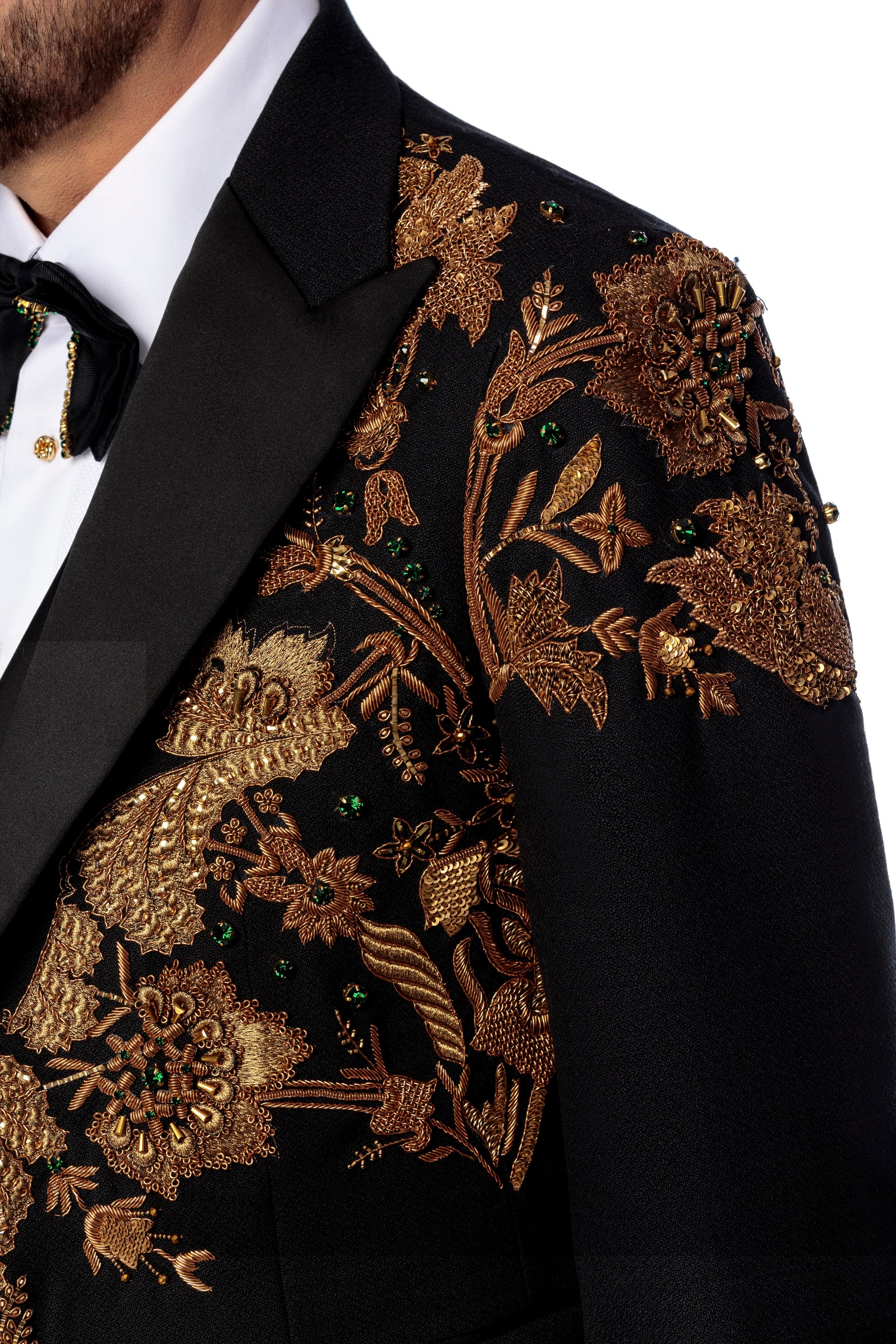 Wool tuxedo jacket with bronze manual embroidery