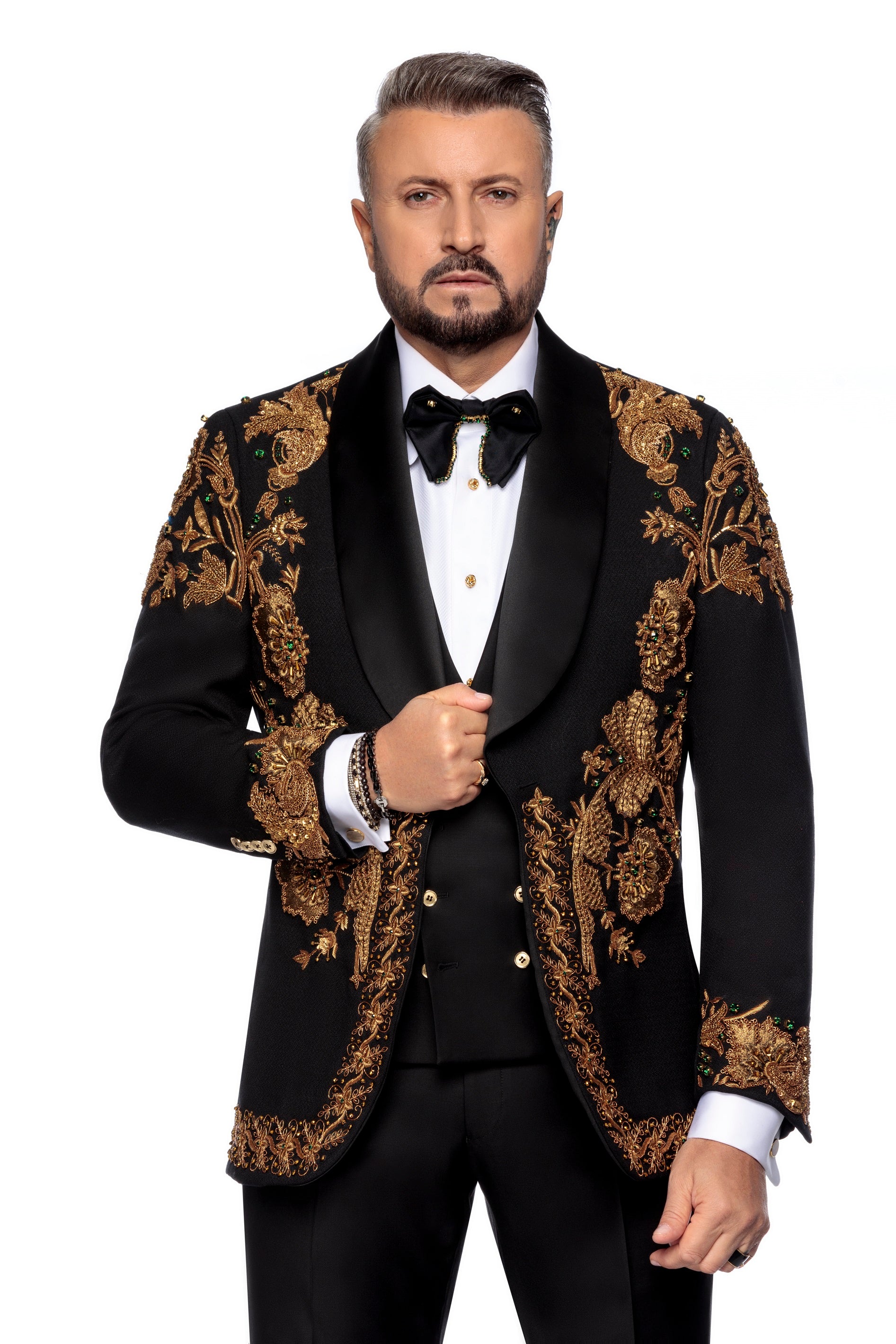 Sacou smoking made to measure din lana cu broderie manuala bronze