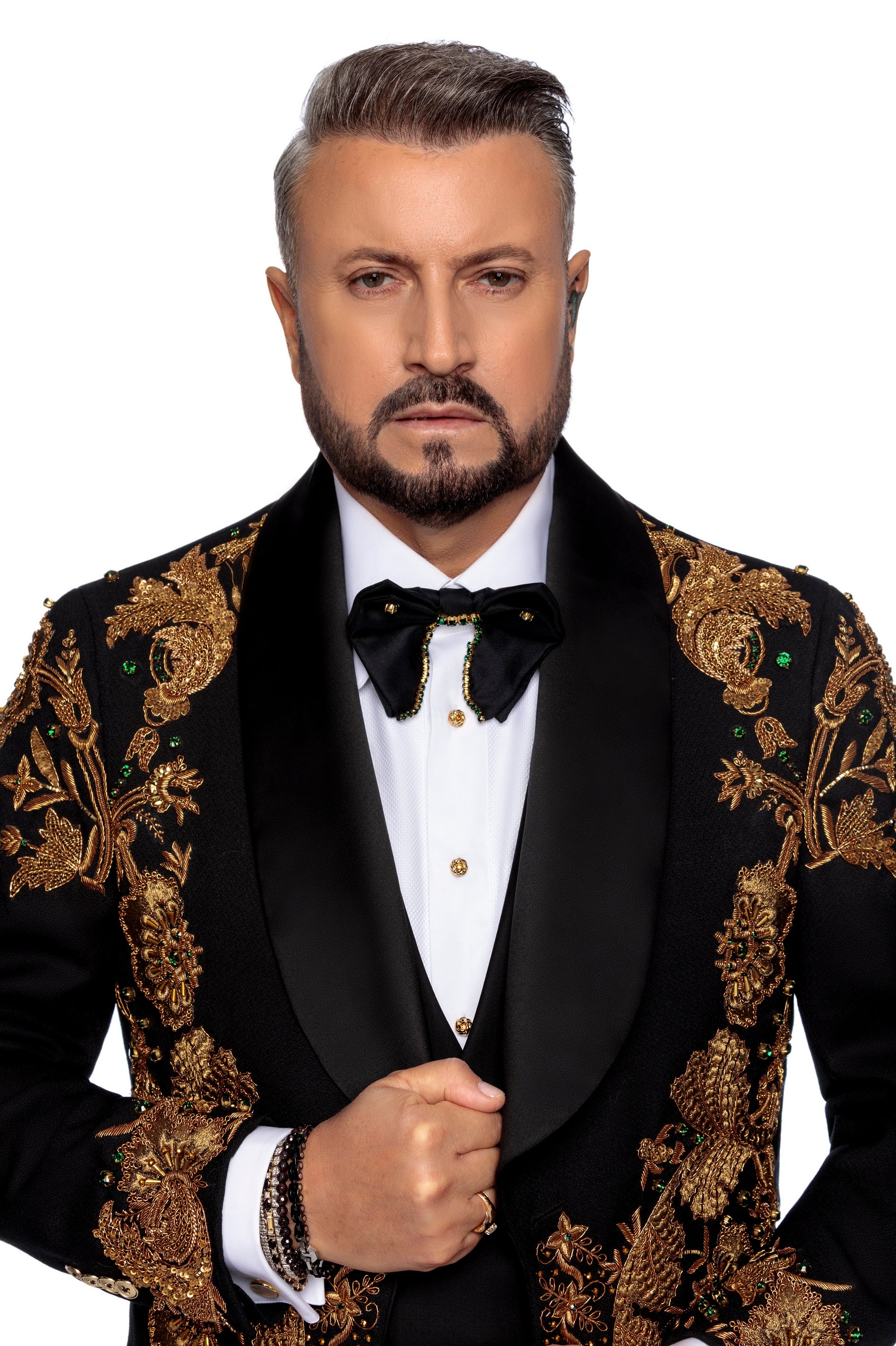 Wool tuxedo jacket with hand-embroidered bronze, sal lapel