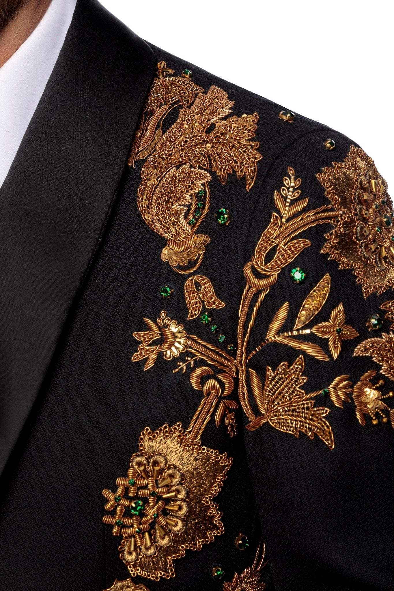 Wool tuxedo jacket with hand-embroidered bronze, sal lapel