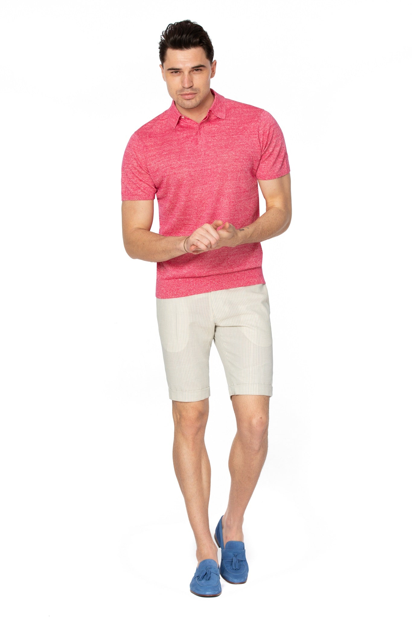Pantalon Scurt Casual Crem Cu Dungi Bleu