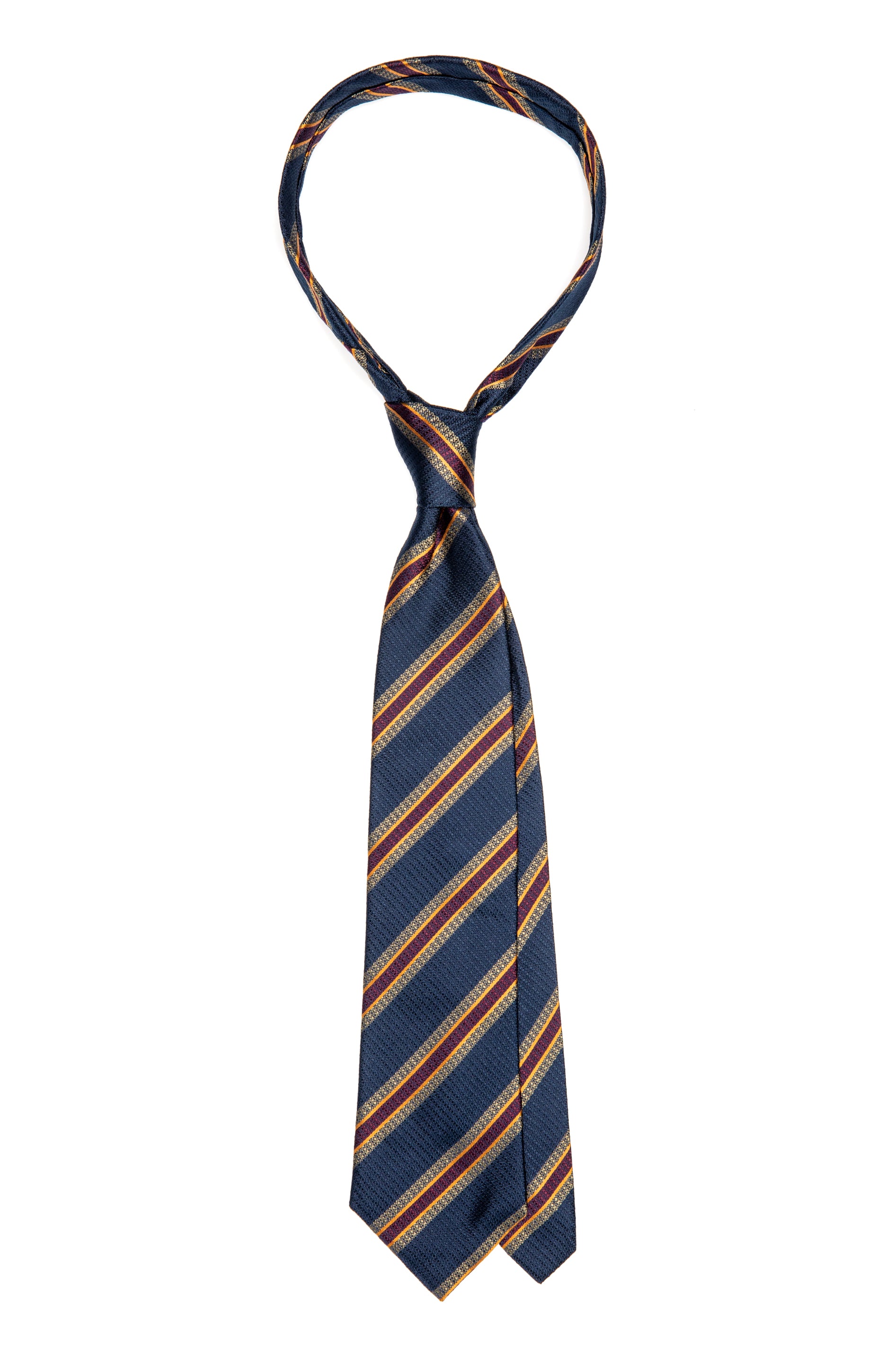 Navy silk tie with burgundy stripes