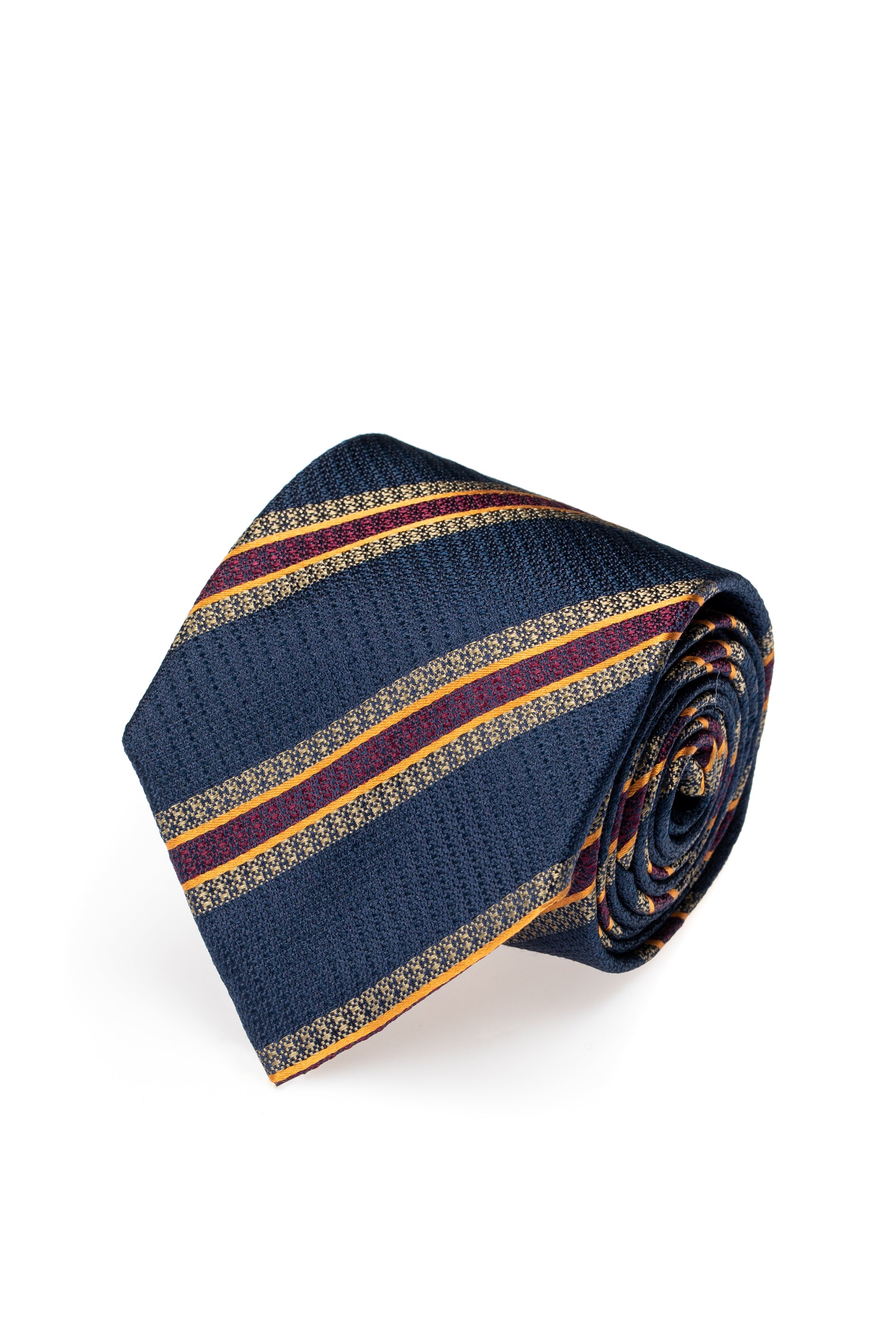 Navy silk tie with burgundy stripes
