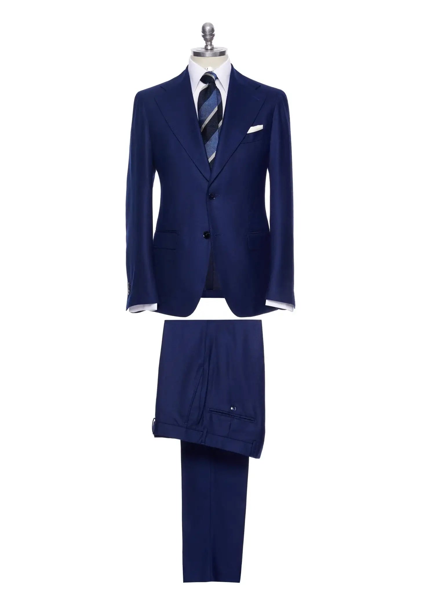 Navy blue two-piece suit with fine texture, tailored fit