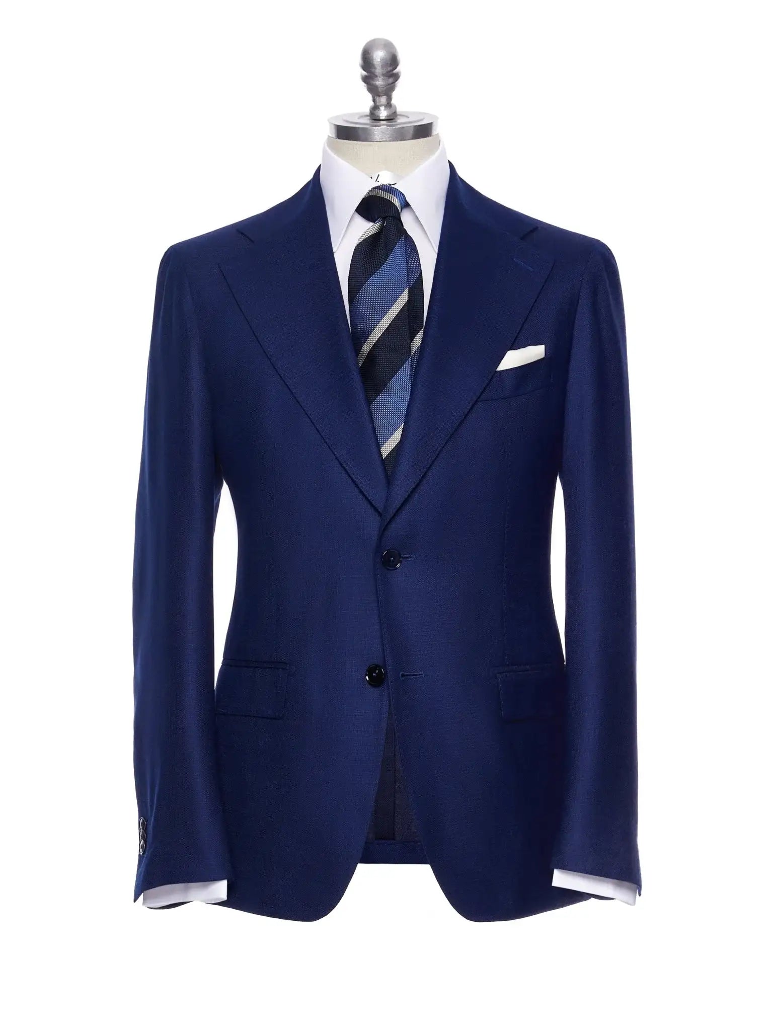 Navy blue two-piece suit with fine texture, tailored fit