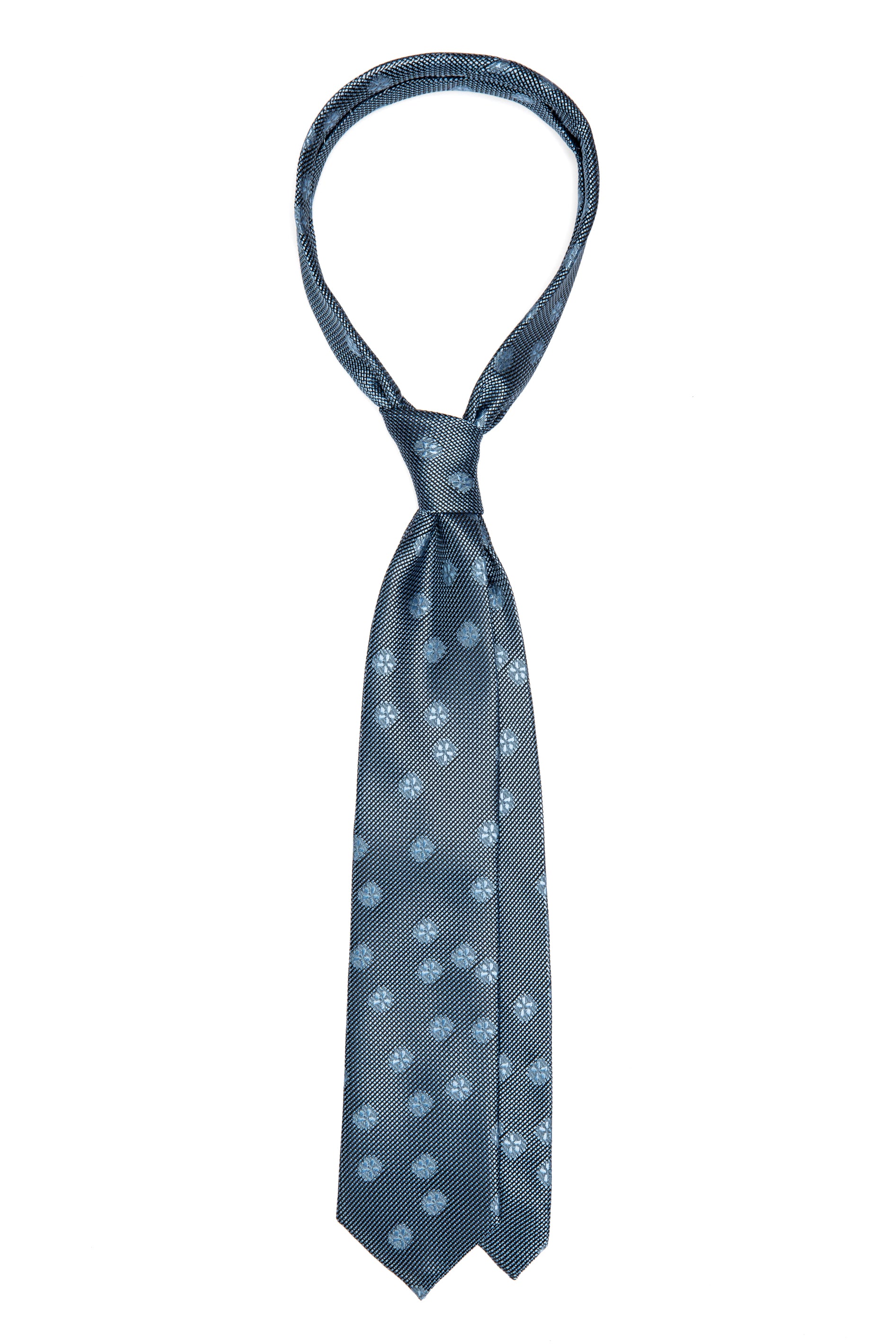 Textured blue silk tie with floral print
