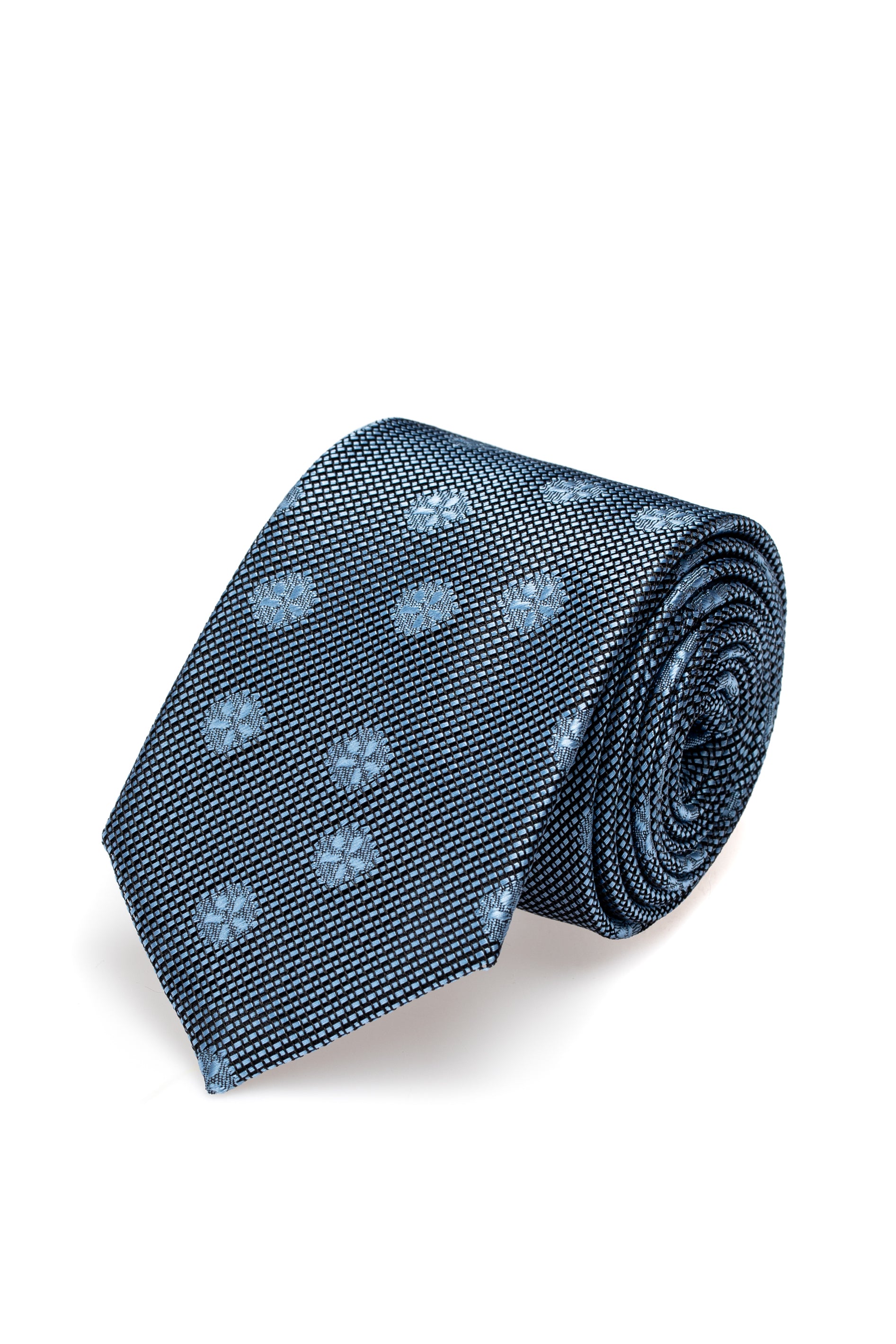 Textured blue silk tie with floral print