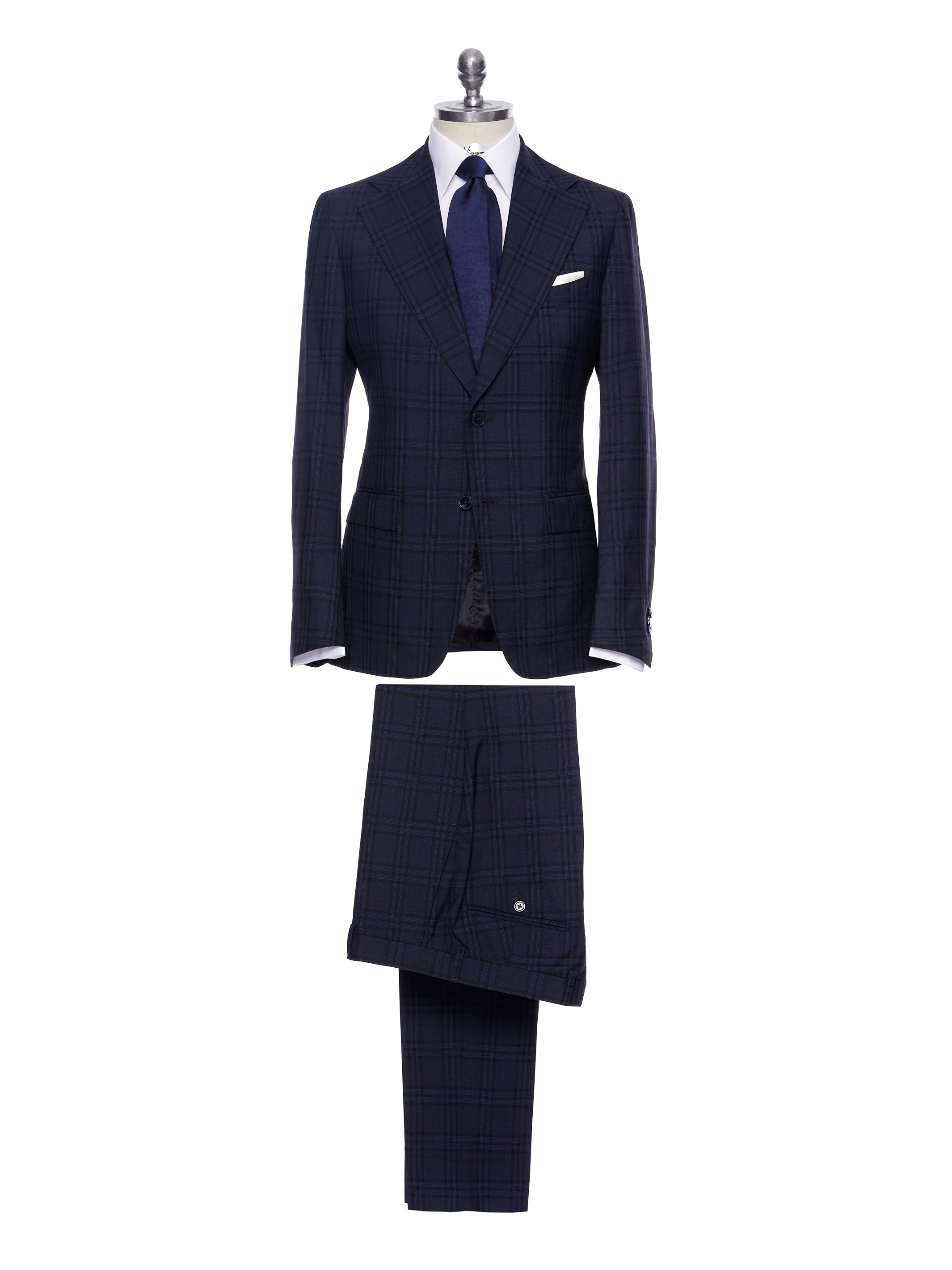 Two-piece navy plaid suit, tailored fit