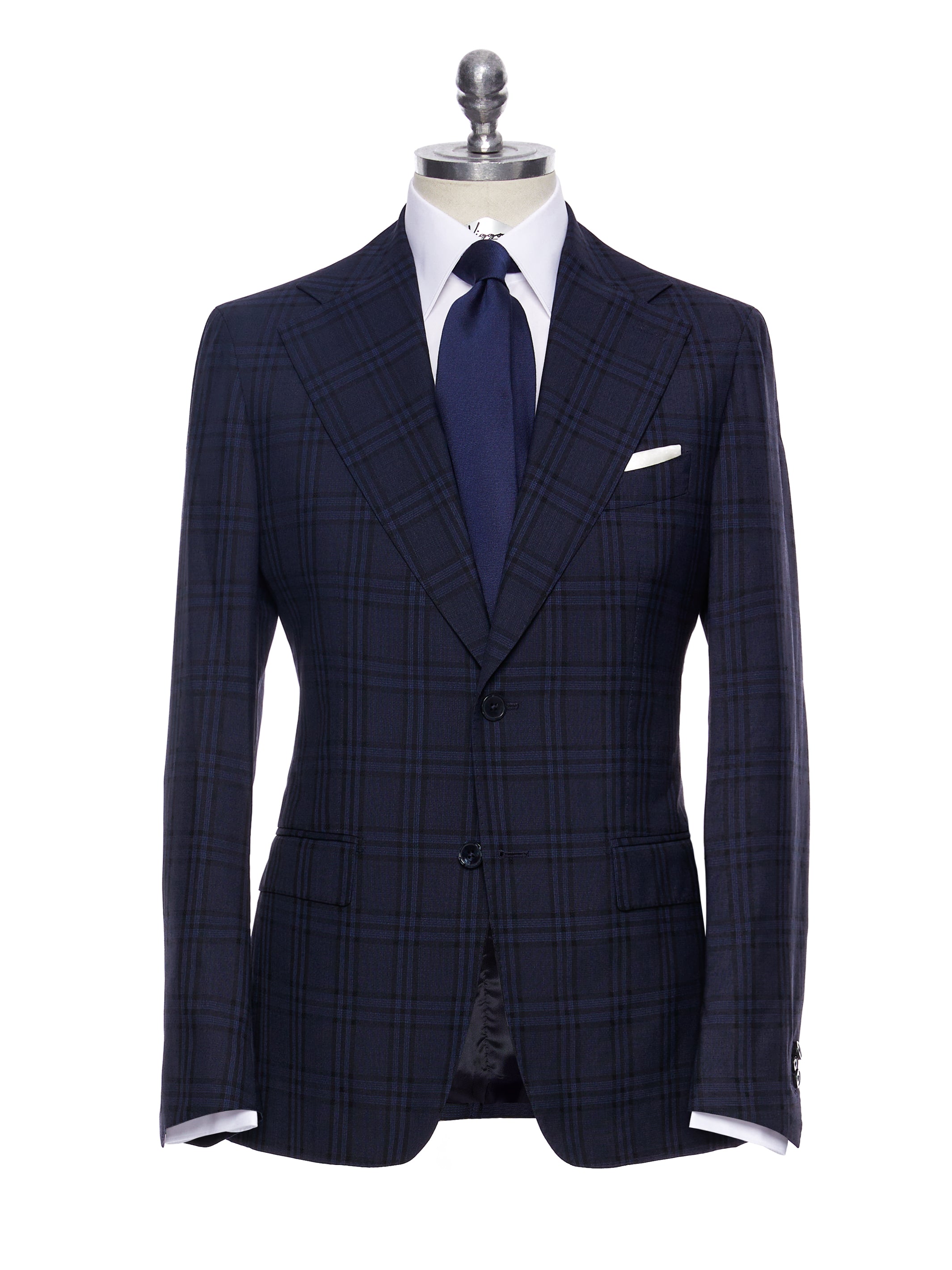 Two-piece navy plaid suit, tailored fit