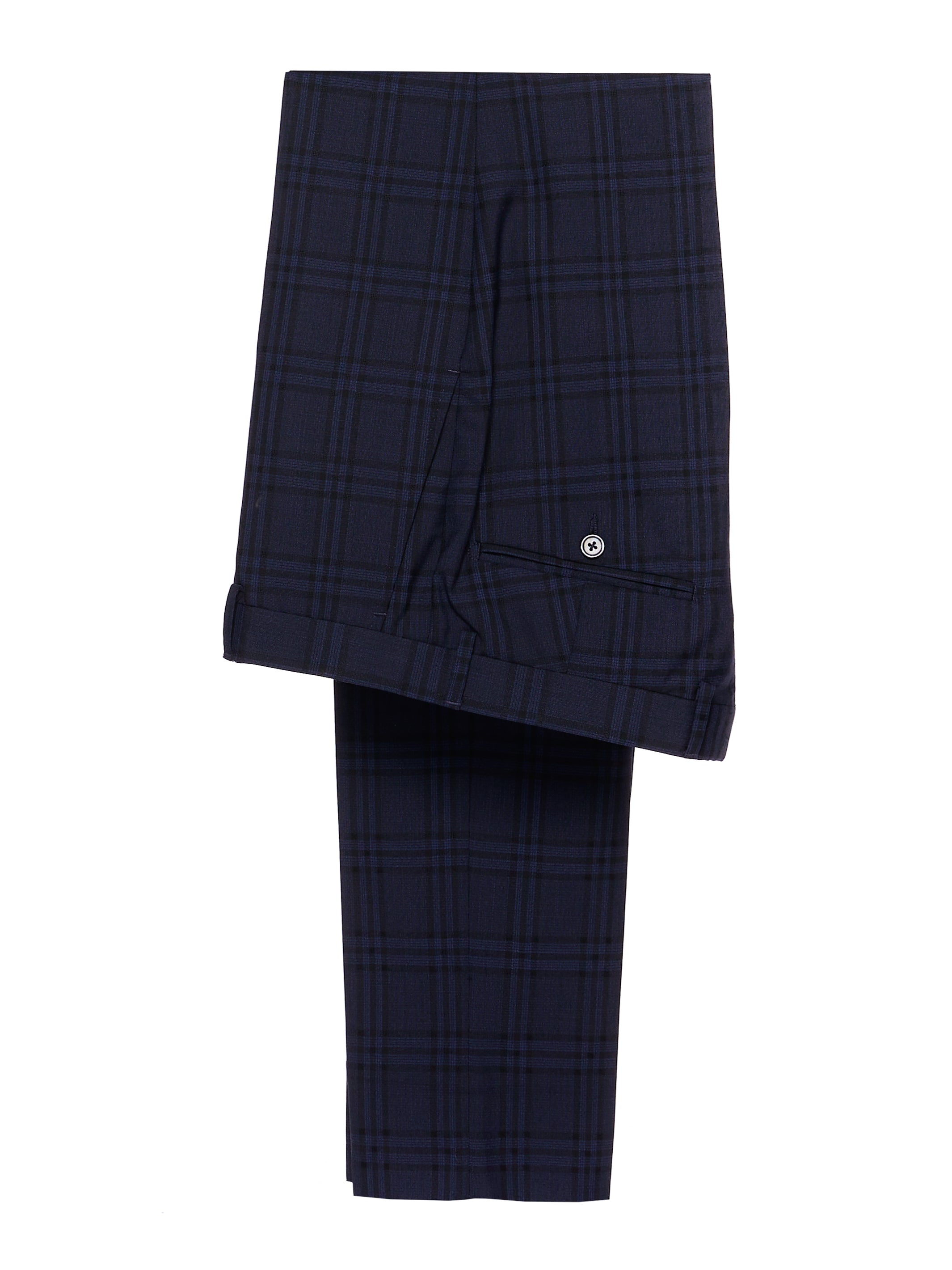 Two-piece navy plaid suit, tailored fit