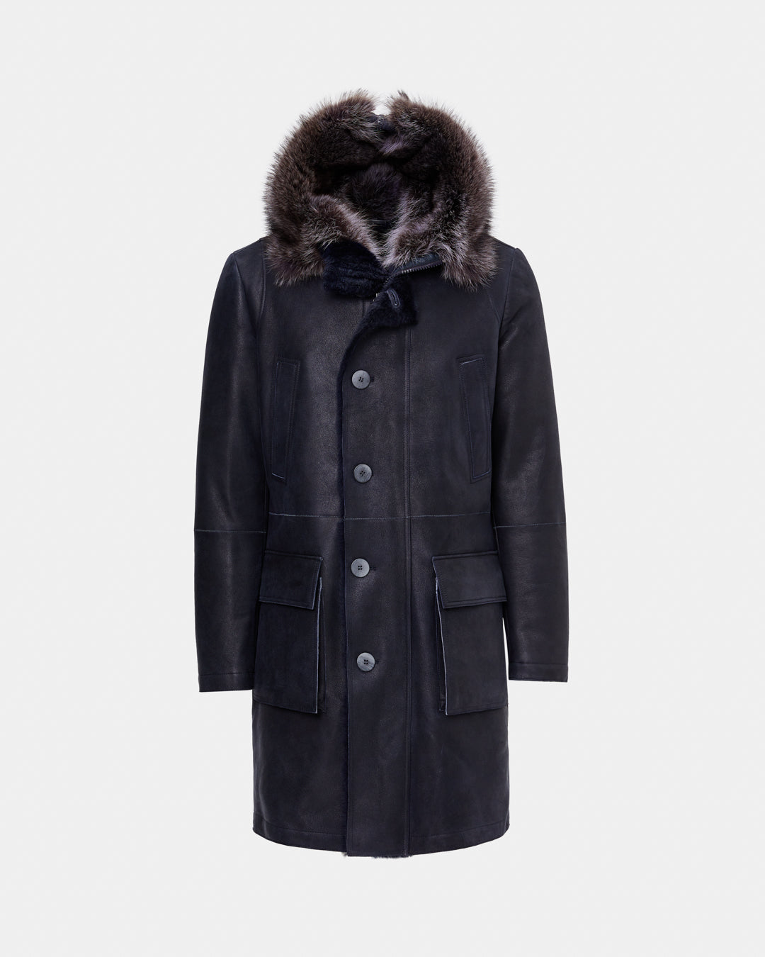 Navy leather coat with marmot fur