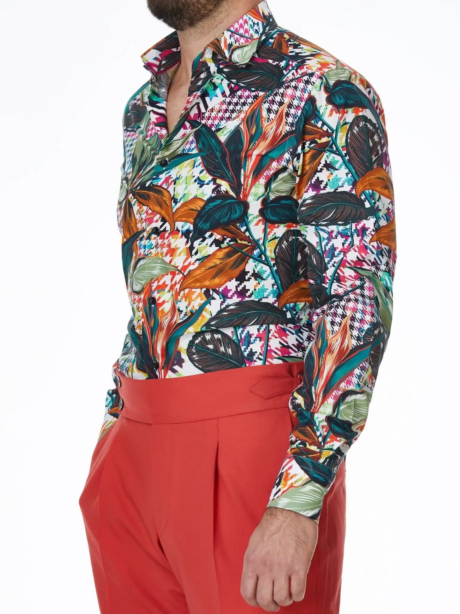 White shirt with houndstooth and leaf print