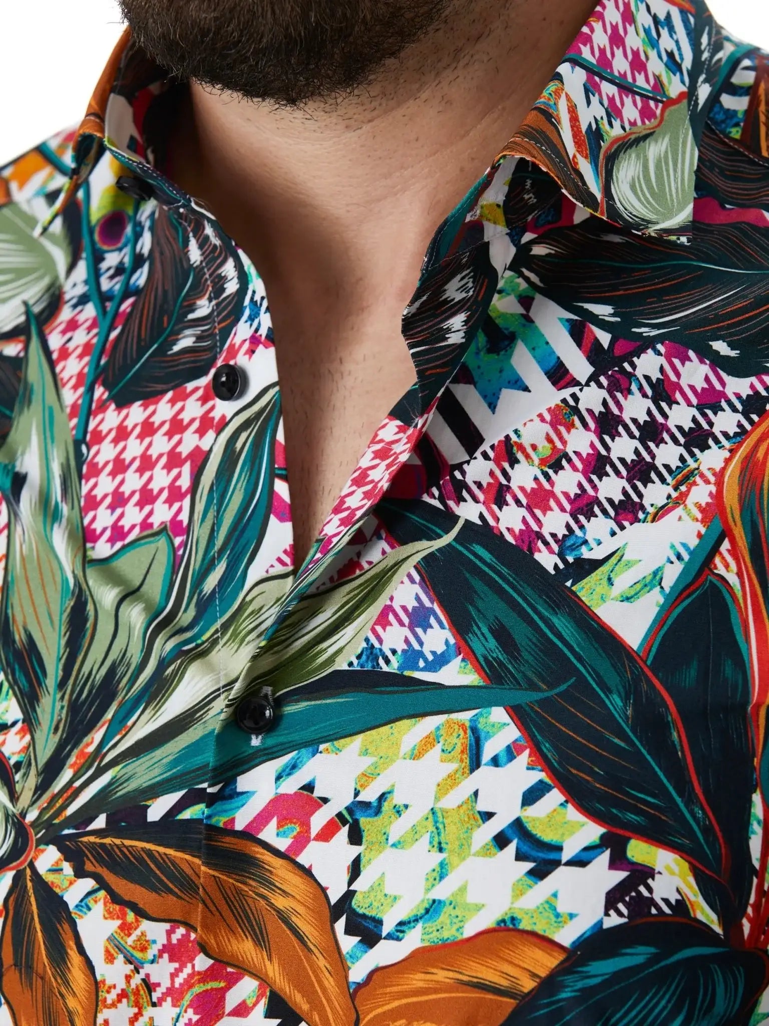 Camasa alba cu print houndstooth si frunze