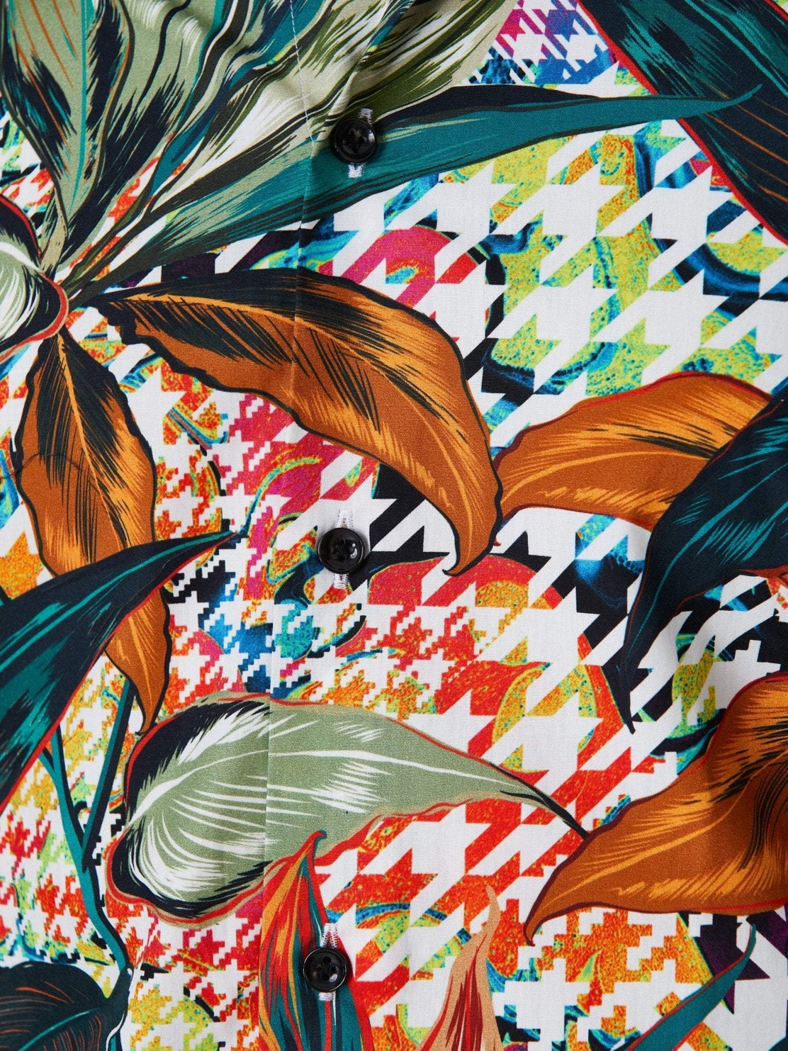 Camasa alba cu print houndstooth si frunze