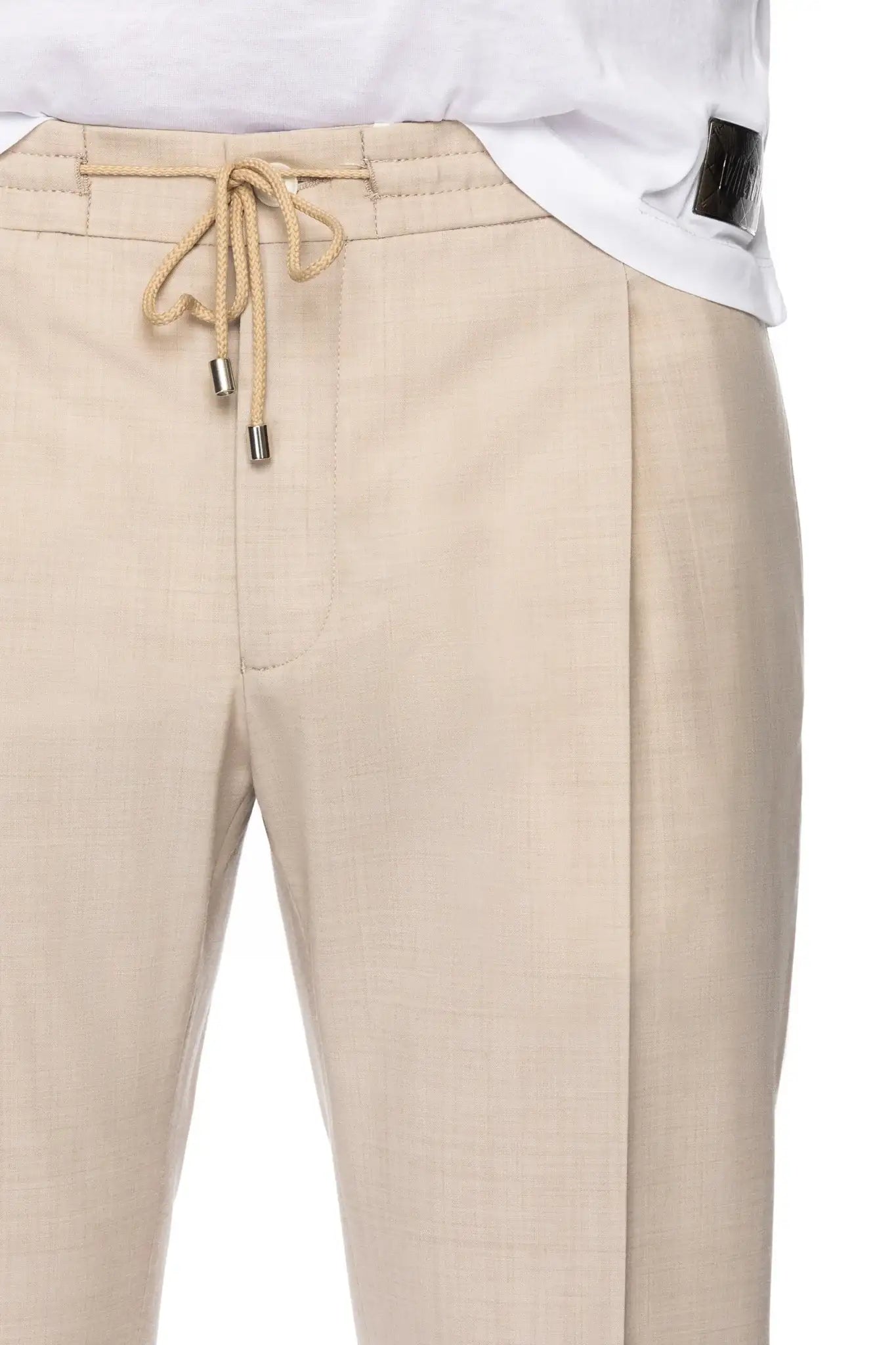 Pantaloni bej cu siret in talie si pense